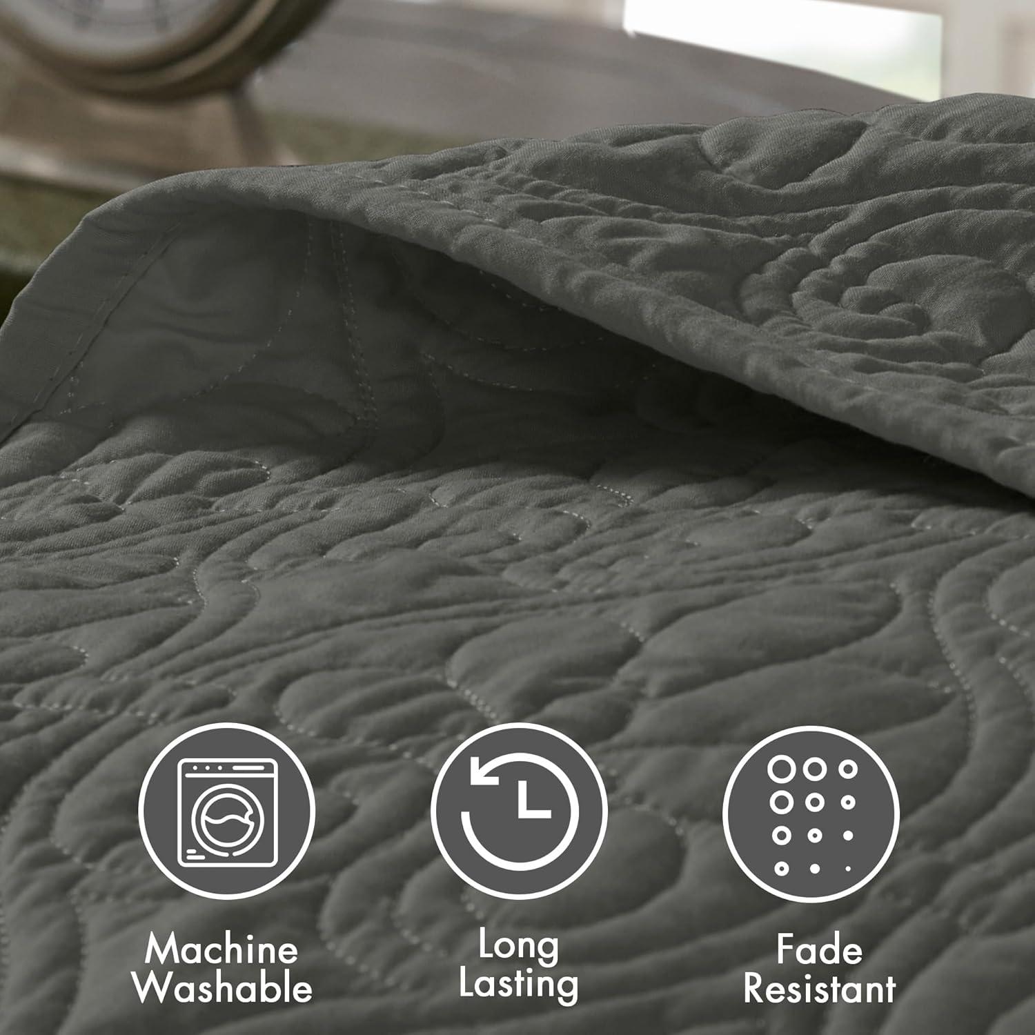 imageMadison Park Quebec Queen Size Quilt Bedding Set Ivory Damask 3 Piece Bedding Quilt Coverlets Ultra Soft Microfiber Bed Quilts Quilted CoverletDark Grey
