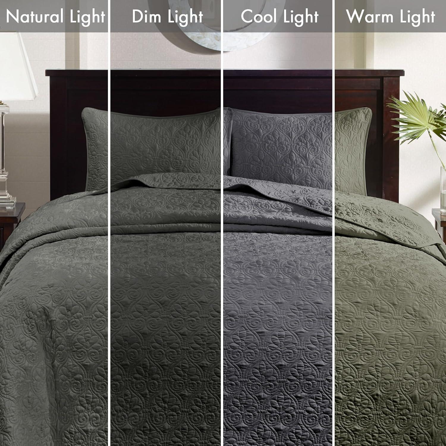 imageMadison Park Quebec Queen Size Quilt Bedding Set Ivory Damask 3 Piece Bedding Quilt Coverlets Ultra Soft Microfiber Bed Quilts Quilted CoverletDark Grey