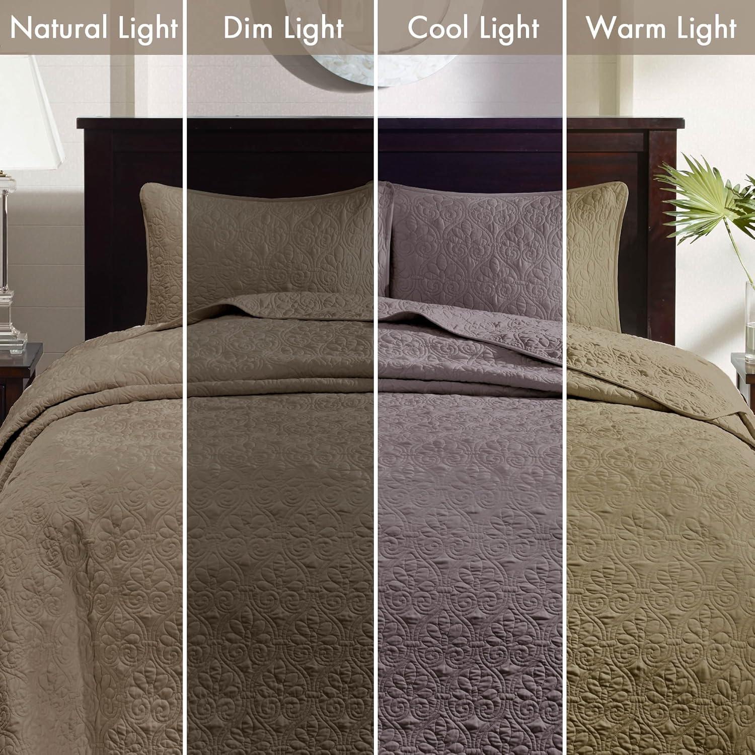 imageMadison Park Quebec Queen Size Quilt Bedding Set Ivory Damask 3 Piece Bedding Quilt Coverlets Ultra Soft Microfiber Bed Quilts Quilted CoverletKhaki