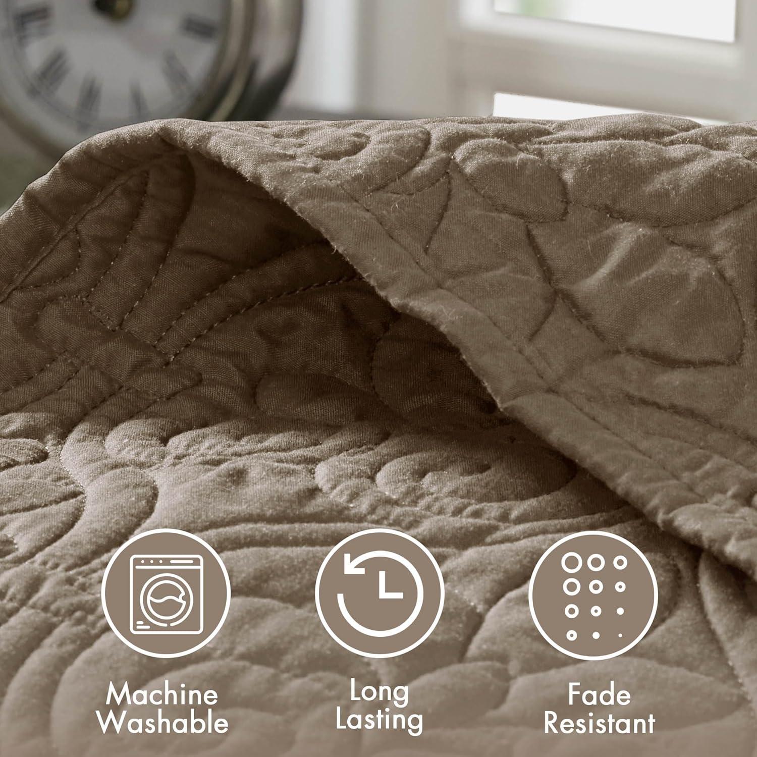 imageMadison Park Quebec Queen Size Quilt Bedding Set Ivory Damask 3 Piece Bedding Quilt Coverlets Ultra Soft Microfiber Bed Quilts Quilted CoverletKhaki