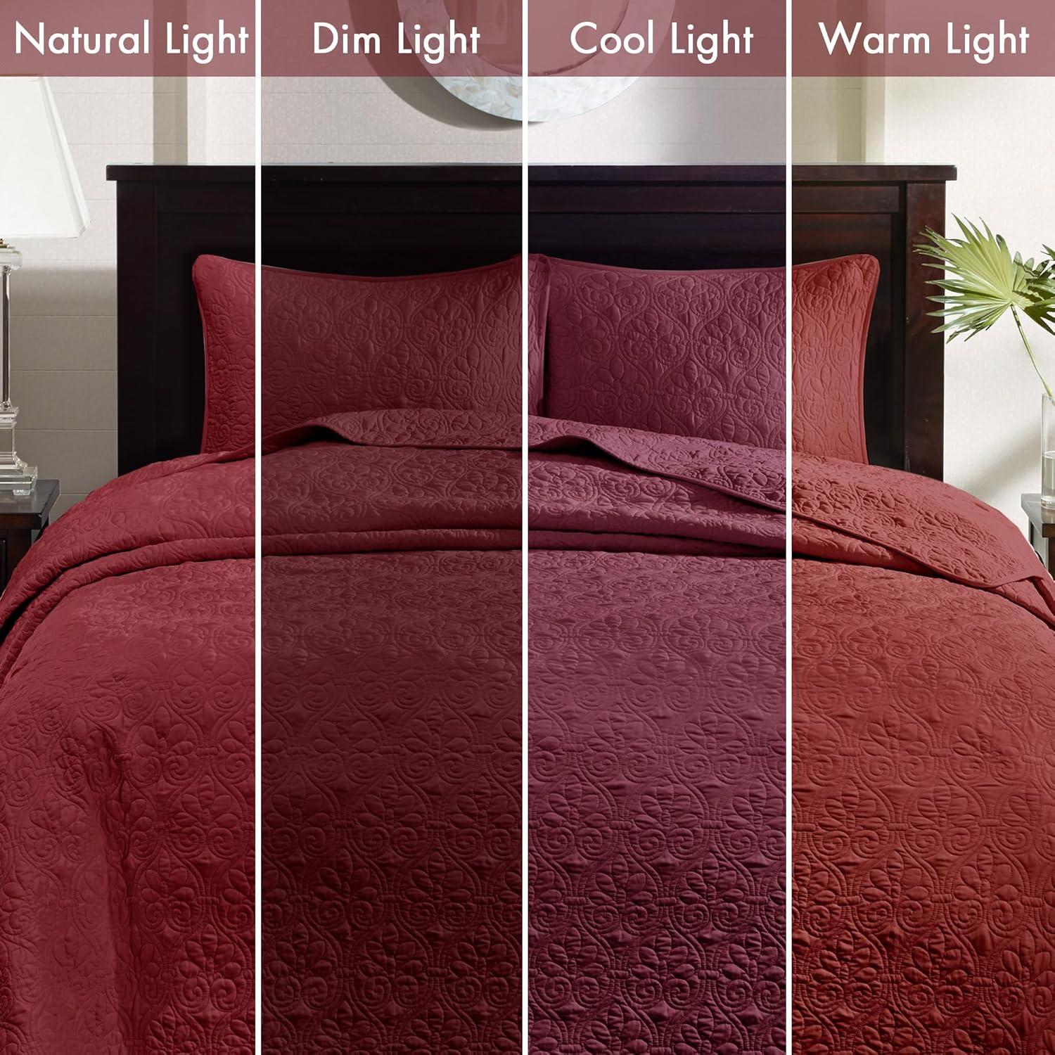 imageMadison Park Quebec Queen Size Quilt Bedding Set Ivory Damask 3 Piece Bedding Quilt Coverlets Ultra Soft Microfiber Bed Quilts Quilted CoverletRed
