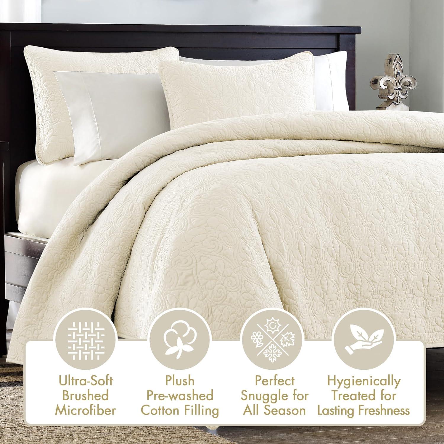 imageMadison Park Quebec Quilt Set Luxurious Damask Stitching Design Cotton Filled Lightweight Coverlet Bedspread Bedding Shams FullQueen90quotx90quot Cream 3 PieceCream