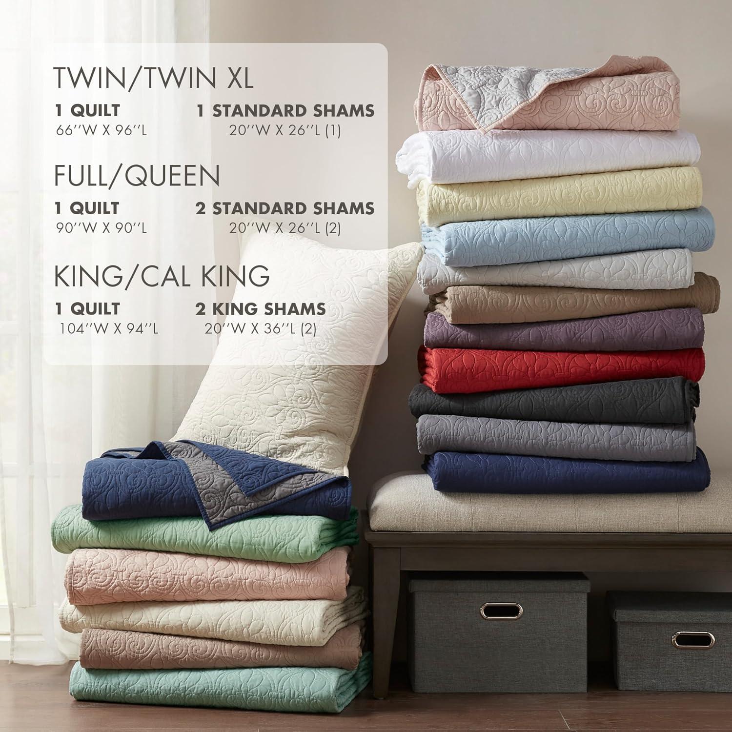 imageMadison Park Quebec Quilt Set Luxurious Damask Stitching Design Cotton Filled Lightweight Coverlet Bedspread Bedding Shams FullQueen90quotx90quot Cream 3 PieceDark Grey