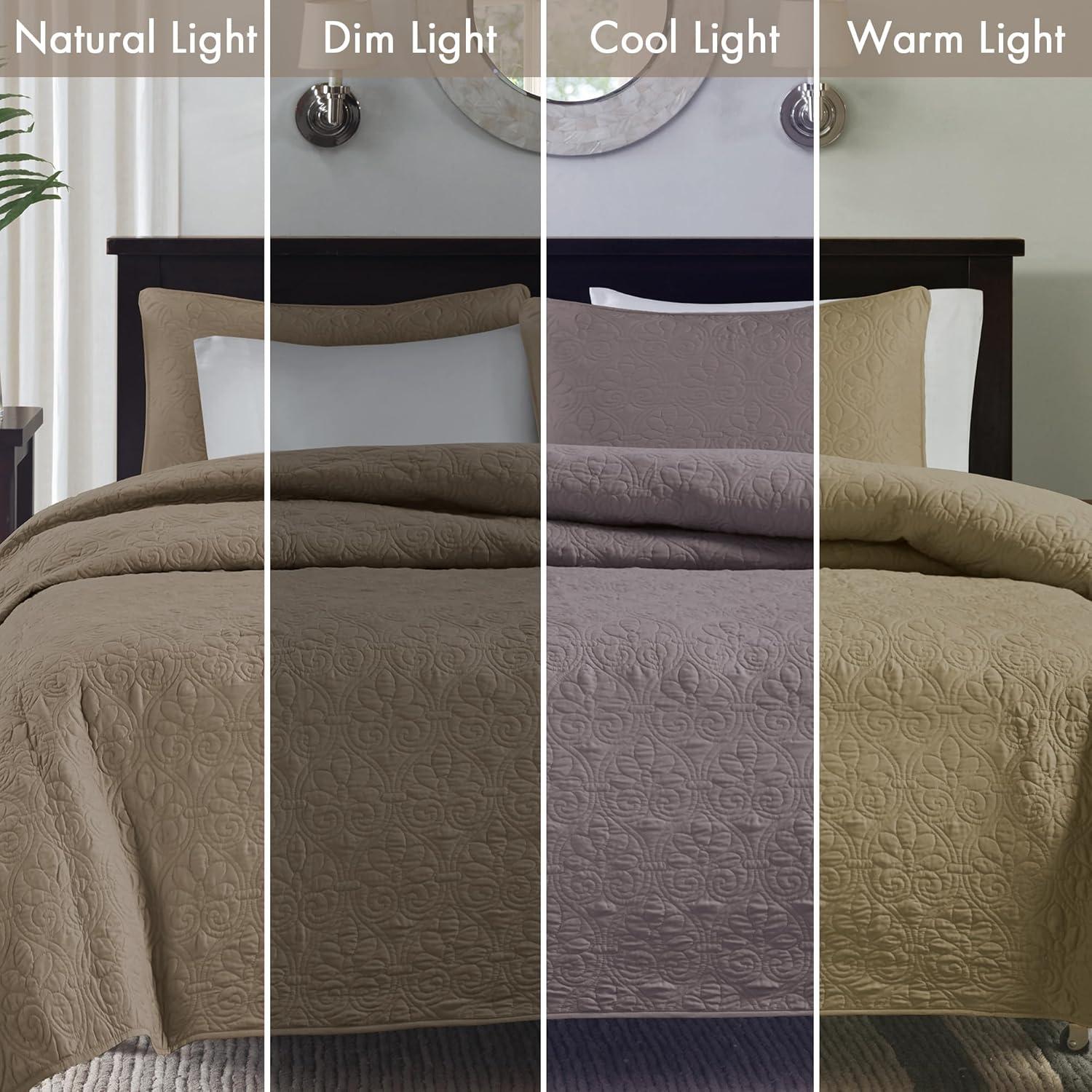 imageMadison Park Quebec Quilt Set Luxurious Damask Stitching Design Cotton Filled Lightweight Coverlet Bedspread Bedding Shams FullQueen90quotx90quot Cream 3 PieceKhaki
