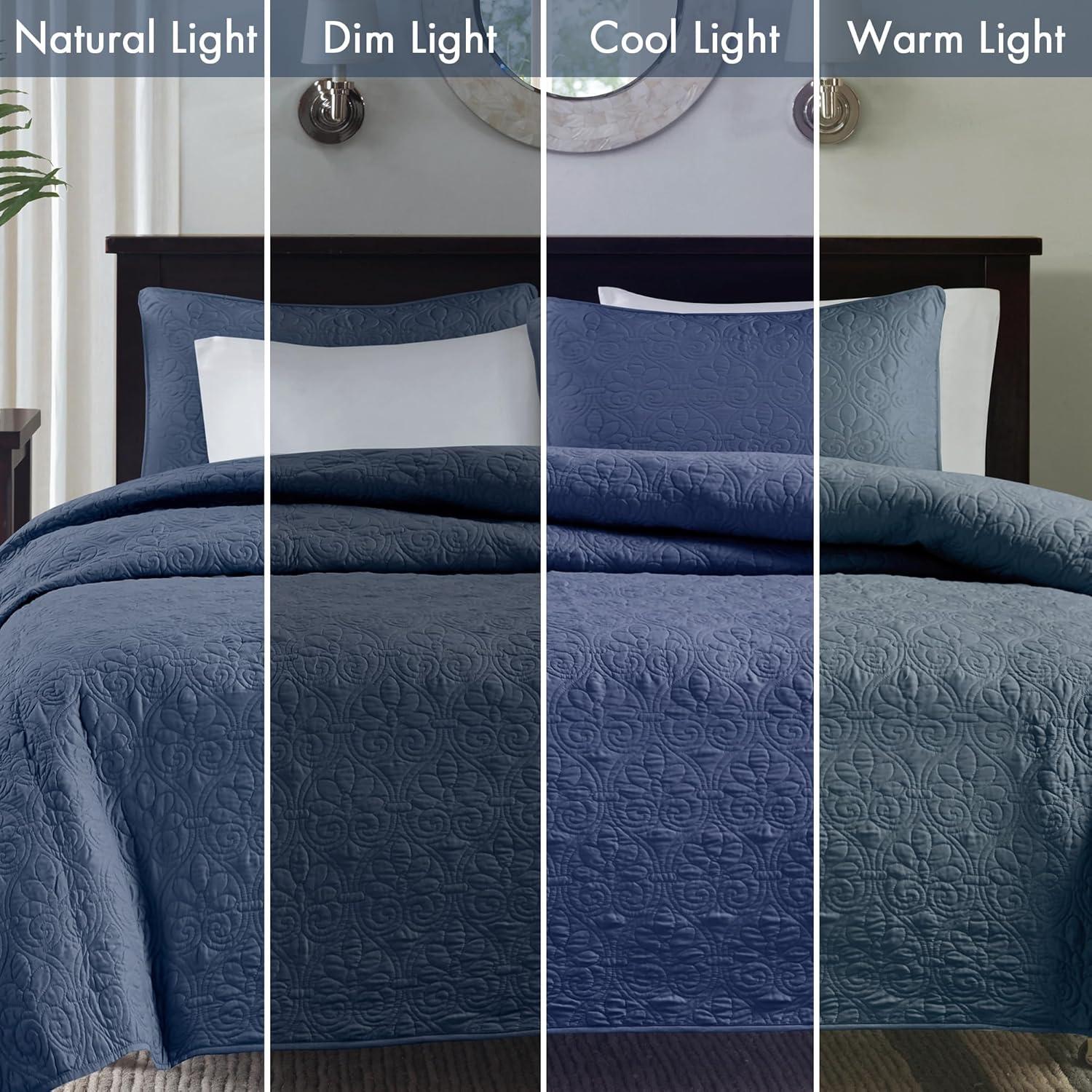 imageMadison Park Quebec Quilt Set Luxurious Damask Stitching Design Cotton Filled Lightweight Coverlet Bedspread Bedding Shams FullQueen90quotx90quot Cream 3 PieceNavy