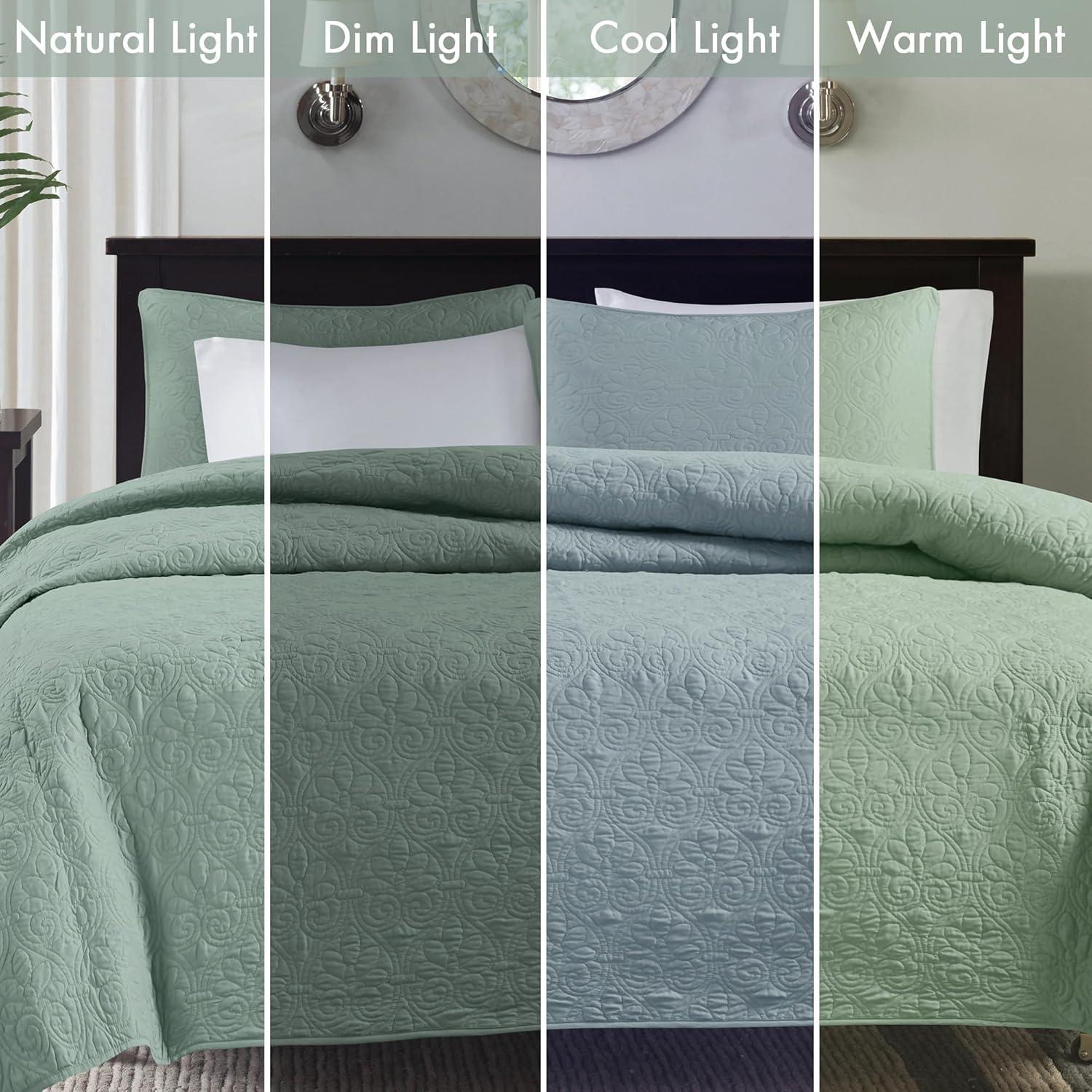 imageMadison Park Quebec Quilt Set Luxurious Damask Stitching Design Cotton Filled Lightweight Coverlet Bedspread Bedding Shams FullQueen90quotx90quot Cream 3 PieceSeafoam