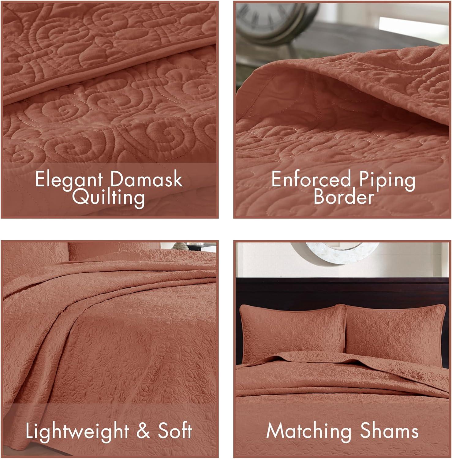 imageMadison Park Quebec Quilt Set Luxurious Damask Stitching Design Cotton Filled Lightweight Coverlet Bedspread Bedding Shams FullQueen90quotx90quot Cream 3 PieceClay Red