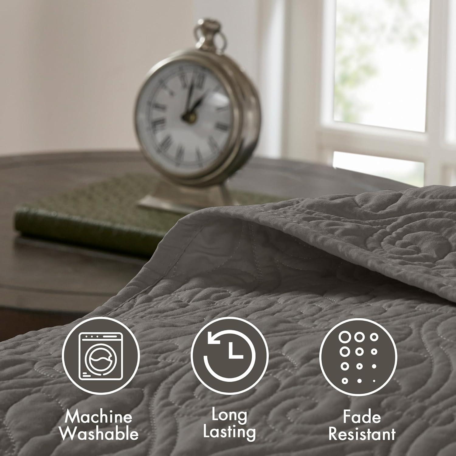 imageMadison Park Quebec Quilt Set Luxurious Damask Stitching Design Cotton Filled Lightweight Coverlet Bedspread Bedding Shams FullQueen90quotx90quot Cream 3 PieceDark Grey