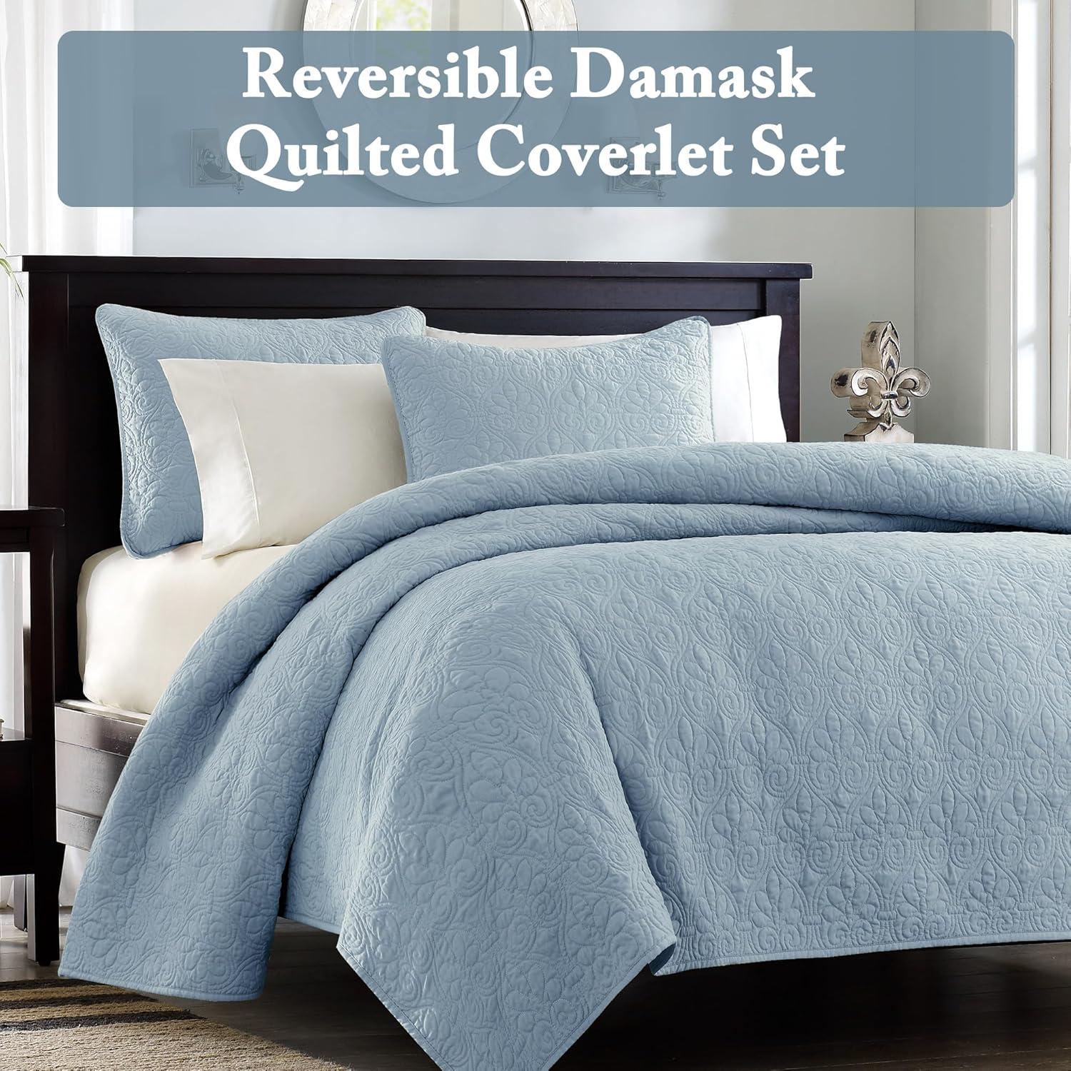 imageMadison Park Quebec Quilt Set Luxurious Damask Stitching Design Cotton Filled Lightweight Coverlet Bedspread Bedding Shams FullQueen90quotx90quot Cream 3 PieceBlue