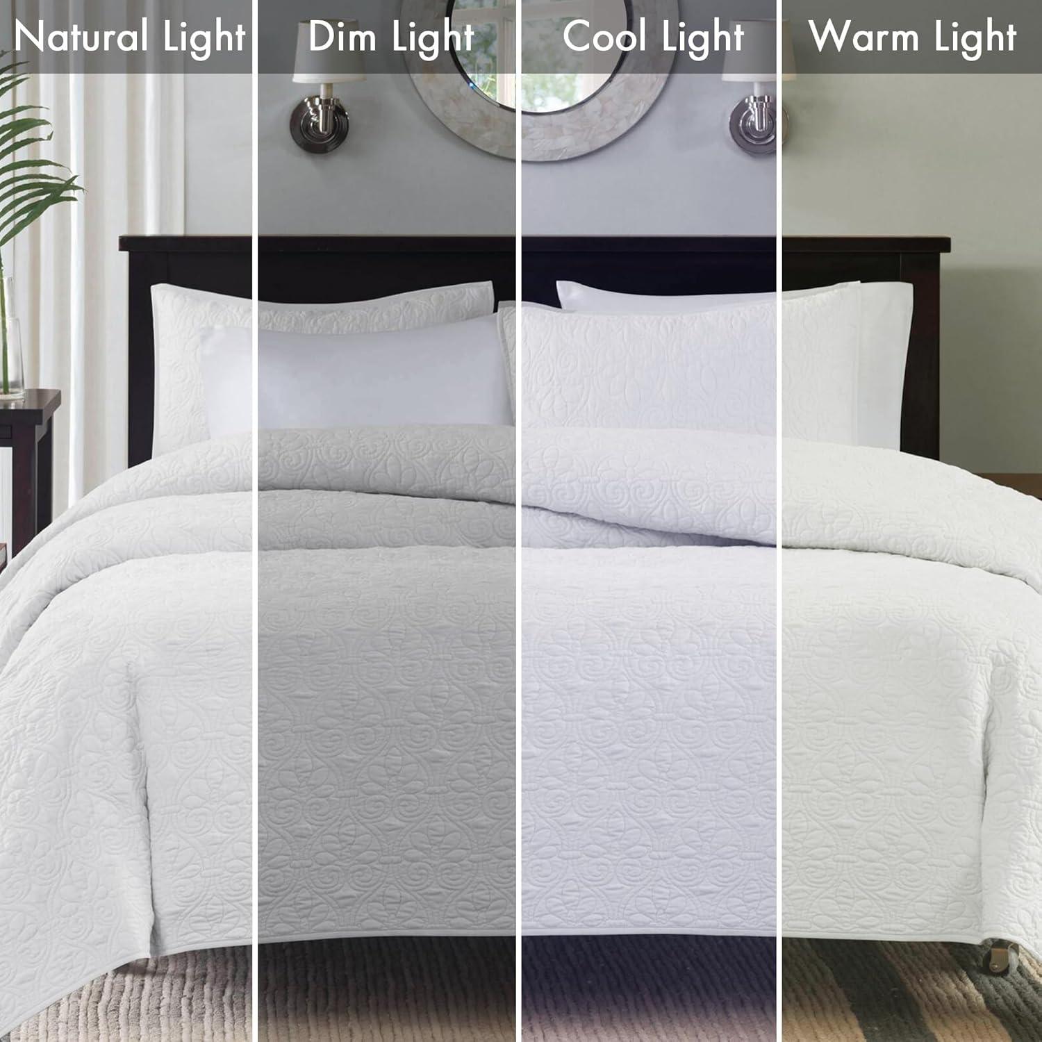 imageMadison Park Quebec Quilt Set Luxurious Damask Stitching Design Cotton Filled Lightweight Coverlet Bedspread Bedding Shams FullQueen90quotx90quot Cream 3 PieceWhite