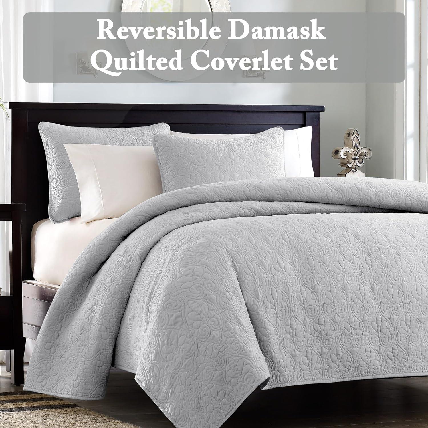imageMadison Park Quebec Quilt Set Luxurious Damask Stitching Design Cotton Filled Lightweight Coverlet Bedspread Bedding Shams FullQueen90quotx90quot Cream 3 PieceGrey