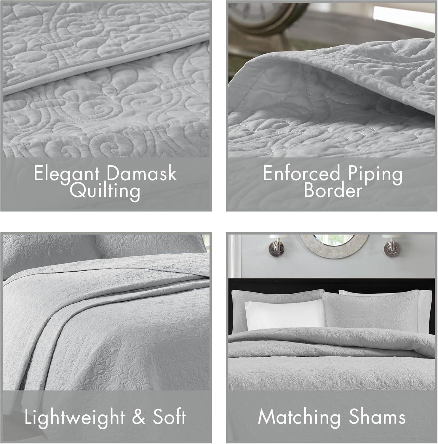 imageMadison Park Quebec Quilt Set Luxurious Damask Stitching Design Cotton Filled Lightweight Coverlet Bedspread Bedding Shams FullQueen90quotx90quot Cream 3 PieceGrey