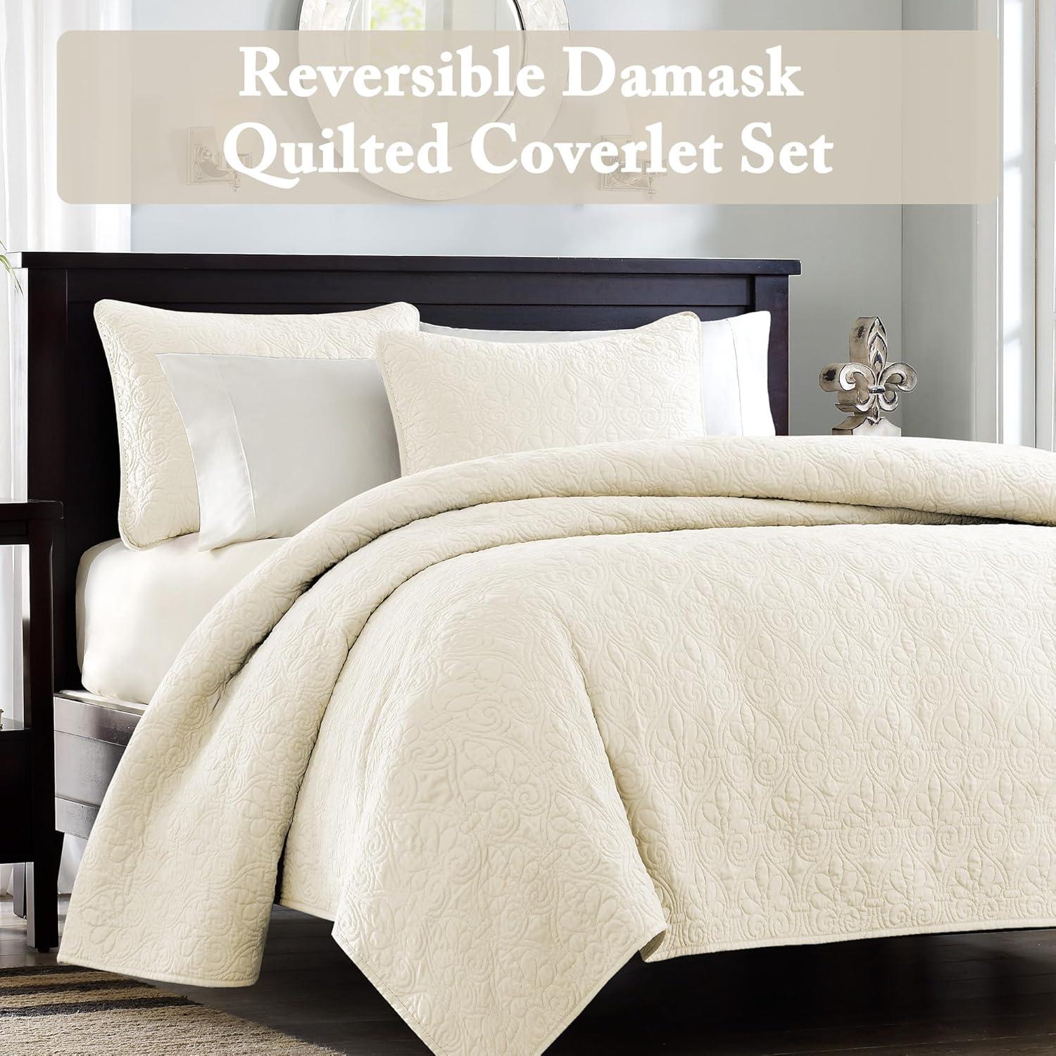 imageMadison Park Quebec Quilt Set Luxurious Damask Stitching Design Cotton Filled Lightweight Coverlet Bedspread Bedding Shams FullQueen90quotx90quot Cream 3 PieceCream