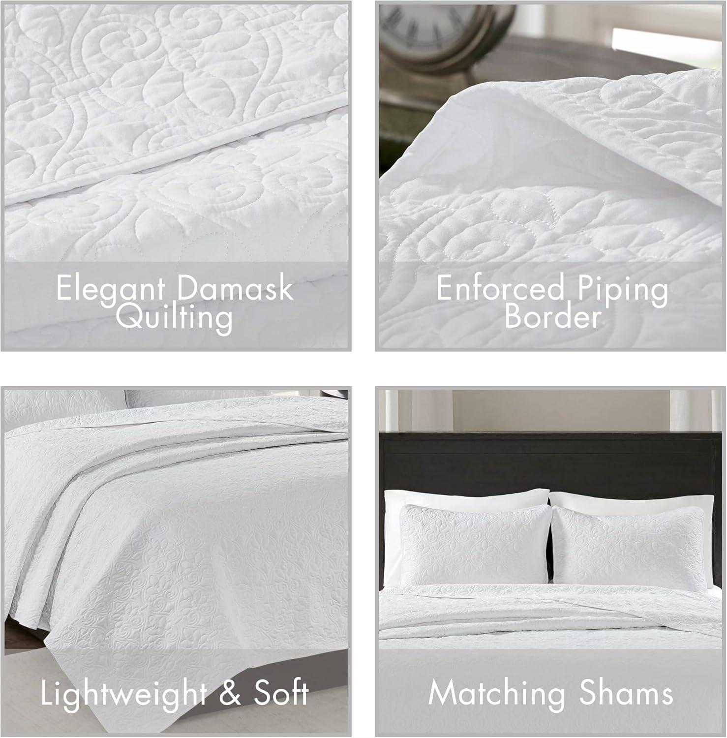 imageMadison Park Quebec Quilt Set Luxurious Damask Stitching Design Cotton Filled Lightweight Coverlet Bedspread Bedding Shams FullQueen90quotx90quot Cream 3 PieceWhite