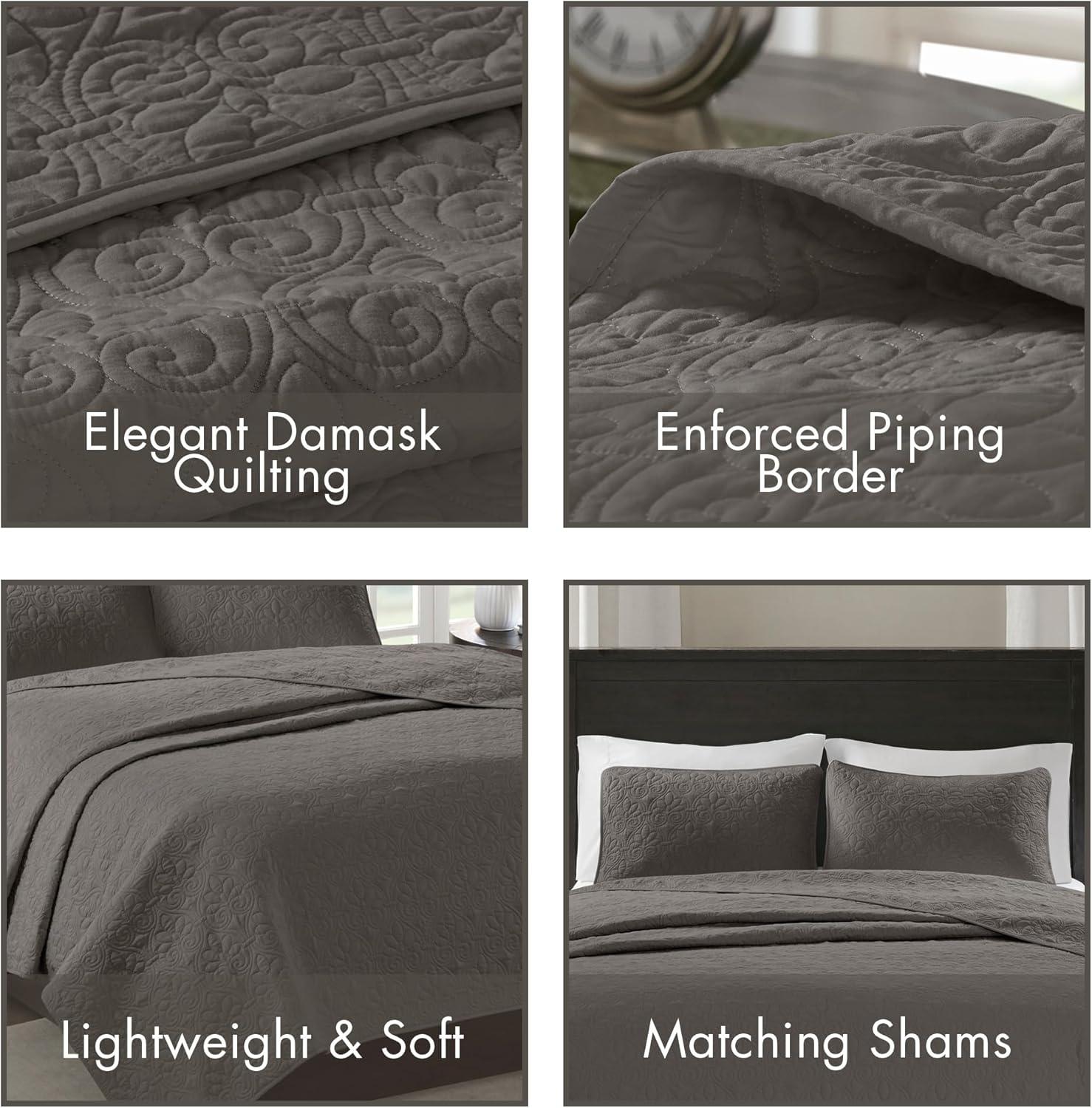 imageMadison Park Quebec Quilt Set Luxurious Damask Stitching Design Cotton Filled Lightweight Coverlet Bedspread Bedding Shams FullQueen90quotx90quot Cream 3 PieceDark Grey