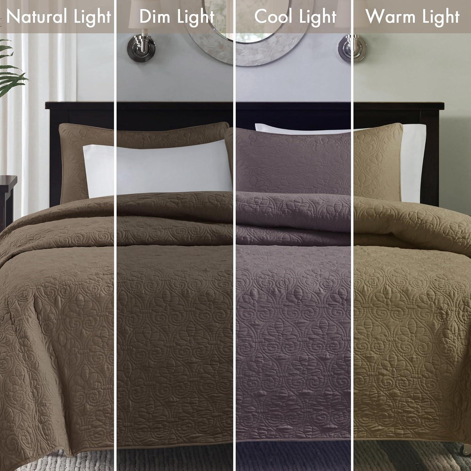 imageMadison Park Quebec Quilt Set Luxurious Damask Stitching Design Cotton Filled Lightweight Coverlet Bedspread Bedding Shams FullQueen90quotx90quot Cream 3 PieceMocha