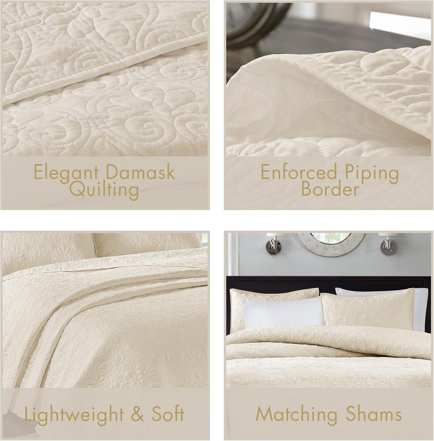 imageMadison Park Quebec Quilt Set Luxurious Damask Stitching Design Cotton Filled Lightweight Coverlet Bedspread Bedding Shams FullQueen90quotx90quot Cream 3 PieceCream