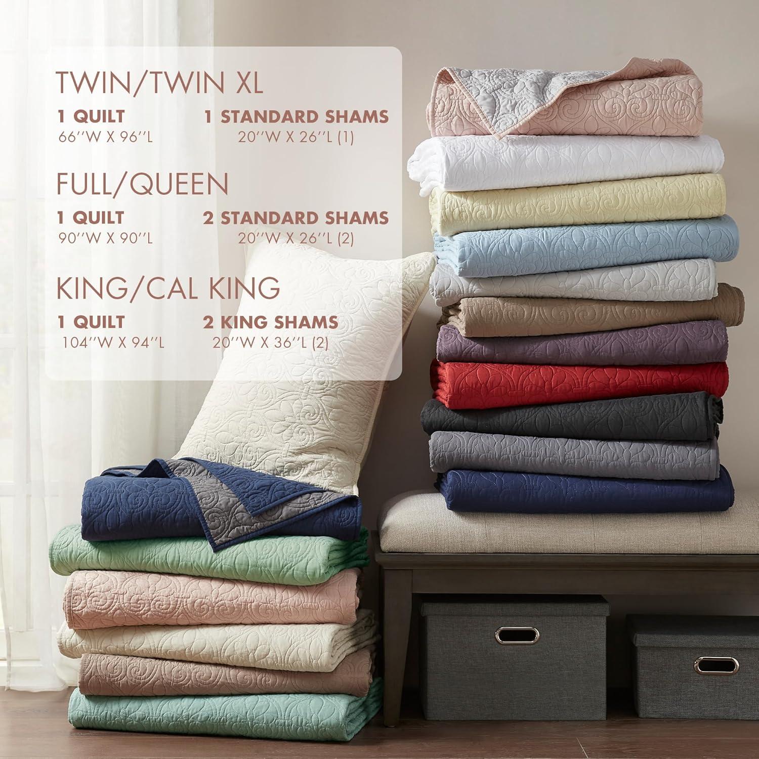 imageMadison Park Quebec Quilt Set Luxurious Damask Stitching Design Cotton Filled Lightweight Coverlet Bedspread Bedding Shams FullQueen90quotx90quot Cream 3 PieceClay Red