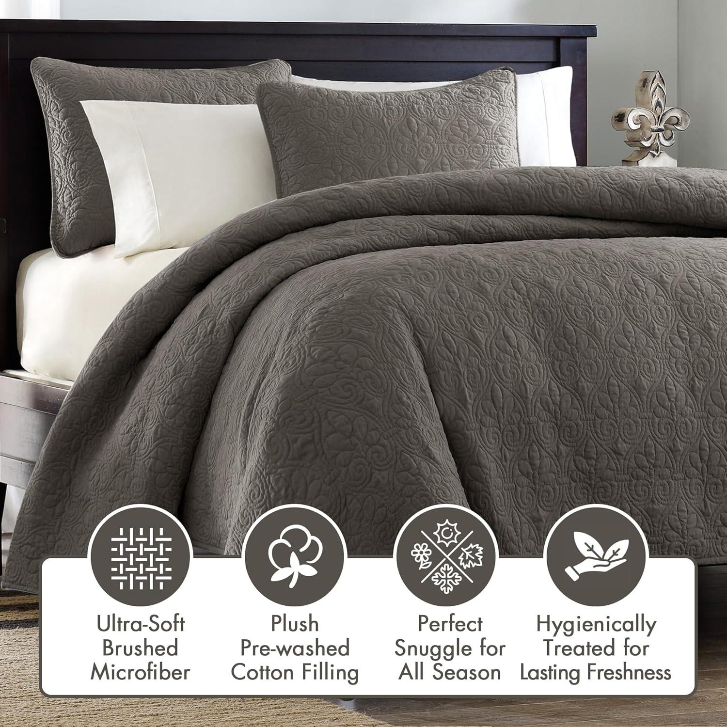 imageMadison Park Quebec Quilt Set Luxurious Damask Stitching Design Cotton Filled Lightweight Coverlet Bedspread Bedding Shams FullQueen90quotx90quot Cream 3 PieceDark Grey