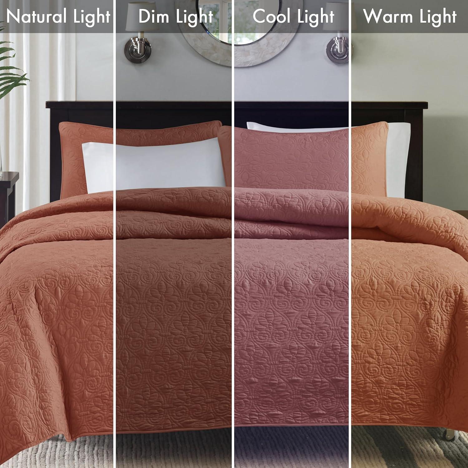 imageMadison Park Quebec Quilt Set Luxurious Damask Stitching Design Cotton Filled Lightweight Coverlet Bedspread Bedding Shams FullQueen90quotx90quot Cream 3 PieceClay Red