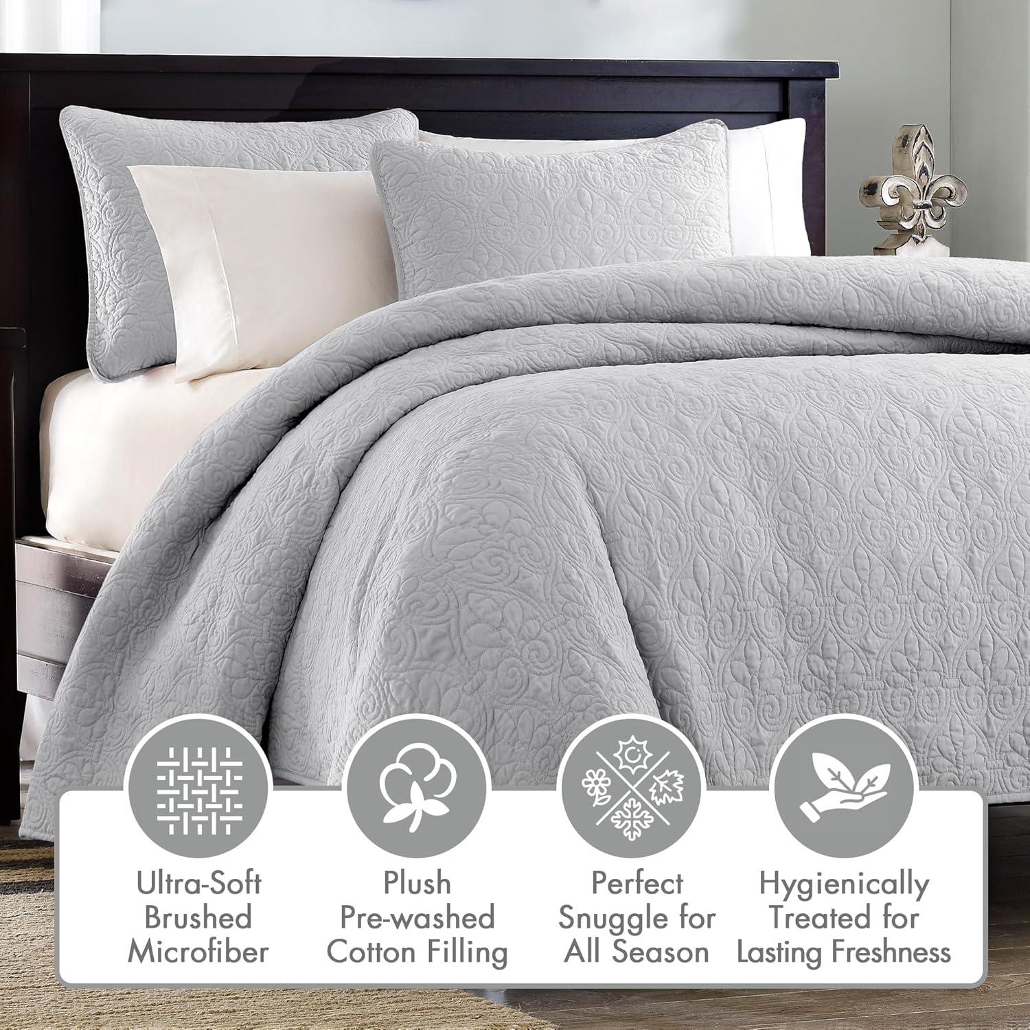 imageMadison Park Quebec Quilt Set Luxurious Damask Stitching Design Cotton Filled Lightweight Coverlet Bedspread Bedding Shams FullQueen90quotx90quot Cream 3 PieceGrey