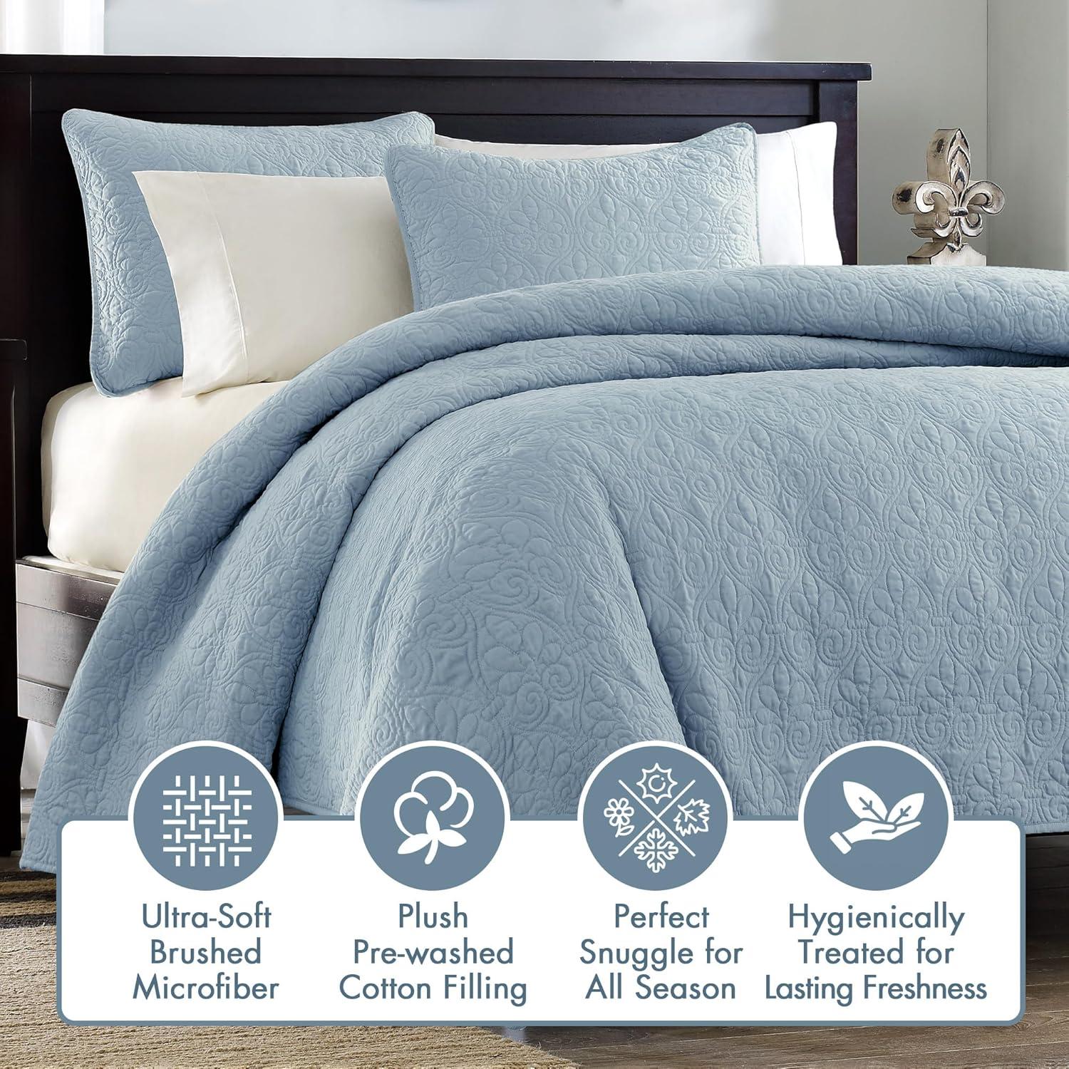 imageMadison Park Quebec Quilt Set Luxurious Damask Stitching Design Cotton Filled Lightweight Coverlet Bedspread Bedding Shams FullQueen90quotx90quot Cream 3 PieceBlue