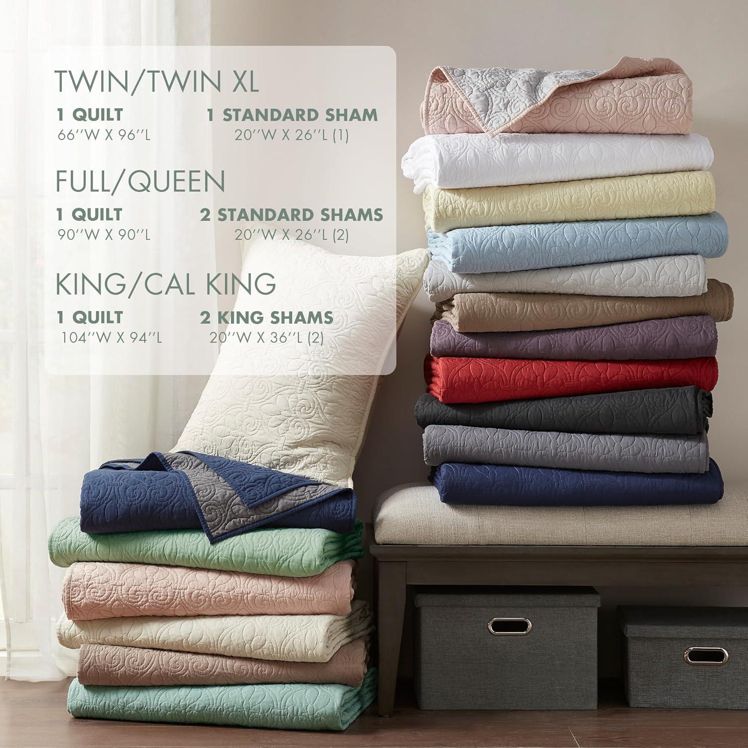 imageMadison Park Quebec Quilt Set Luxurious Damask Stitching Design Cotton Filled Lightweight Coverlet Bedspread Bedding Shams FullQueen90quotx90quot Cream 3 PieceSeafoam