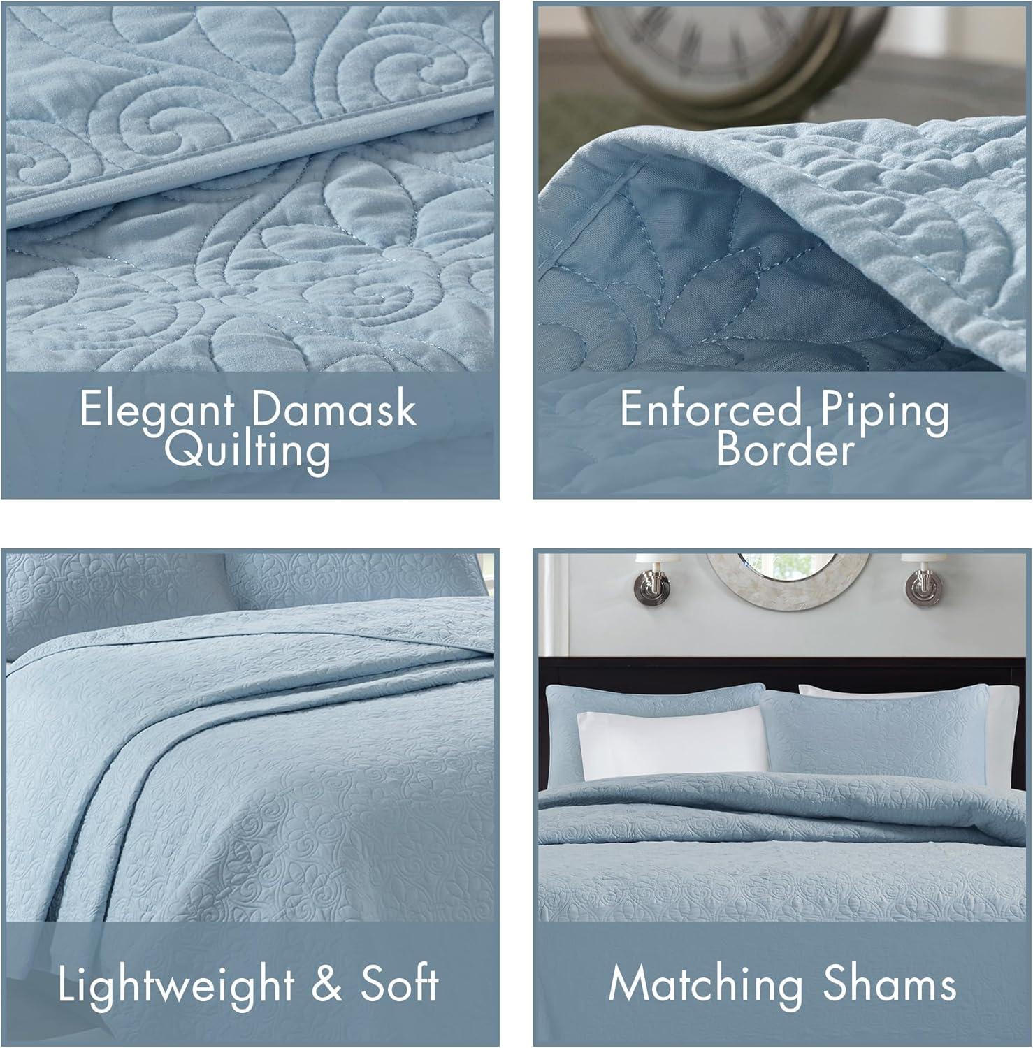 imageMadison Park Quebec Quilt Set Luxurious Damask Stitching Design Cotton Filled Lightweight Coverlet Bedspread Bedding Shams FullQueen90quotx90quot Cream 3 PieceBlue