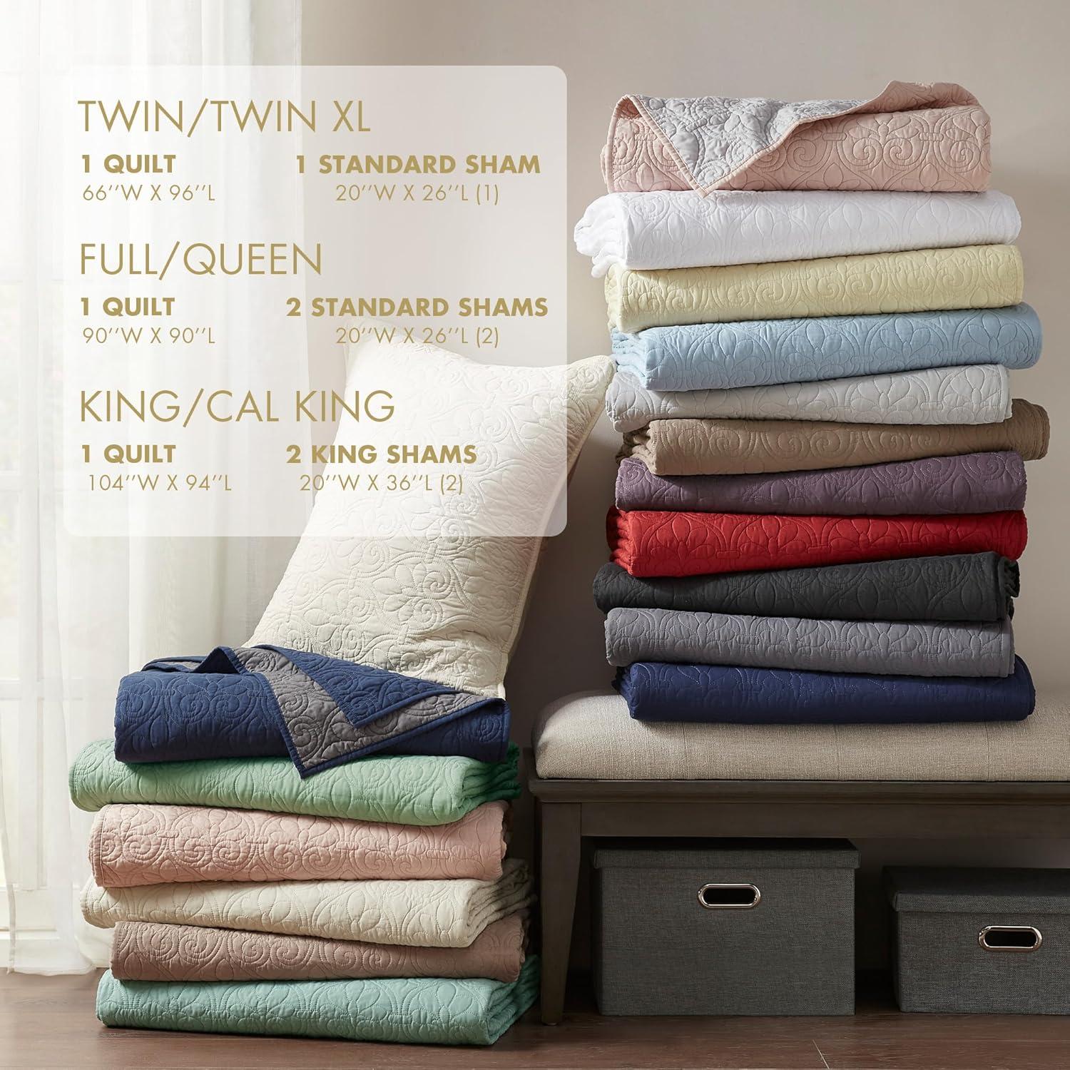 imageMadison Park Quebec Quilt Set Luxurious Damask Stitching Design Cotton Filled Lightweight Coverlet Bedspread Bedding Shams FullQueen90quotx90quot Cream 3 PieceCream