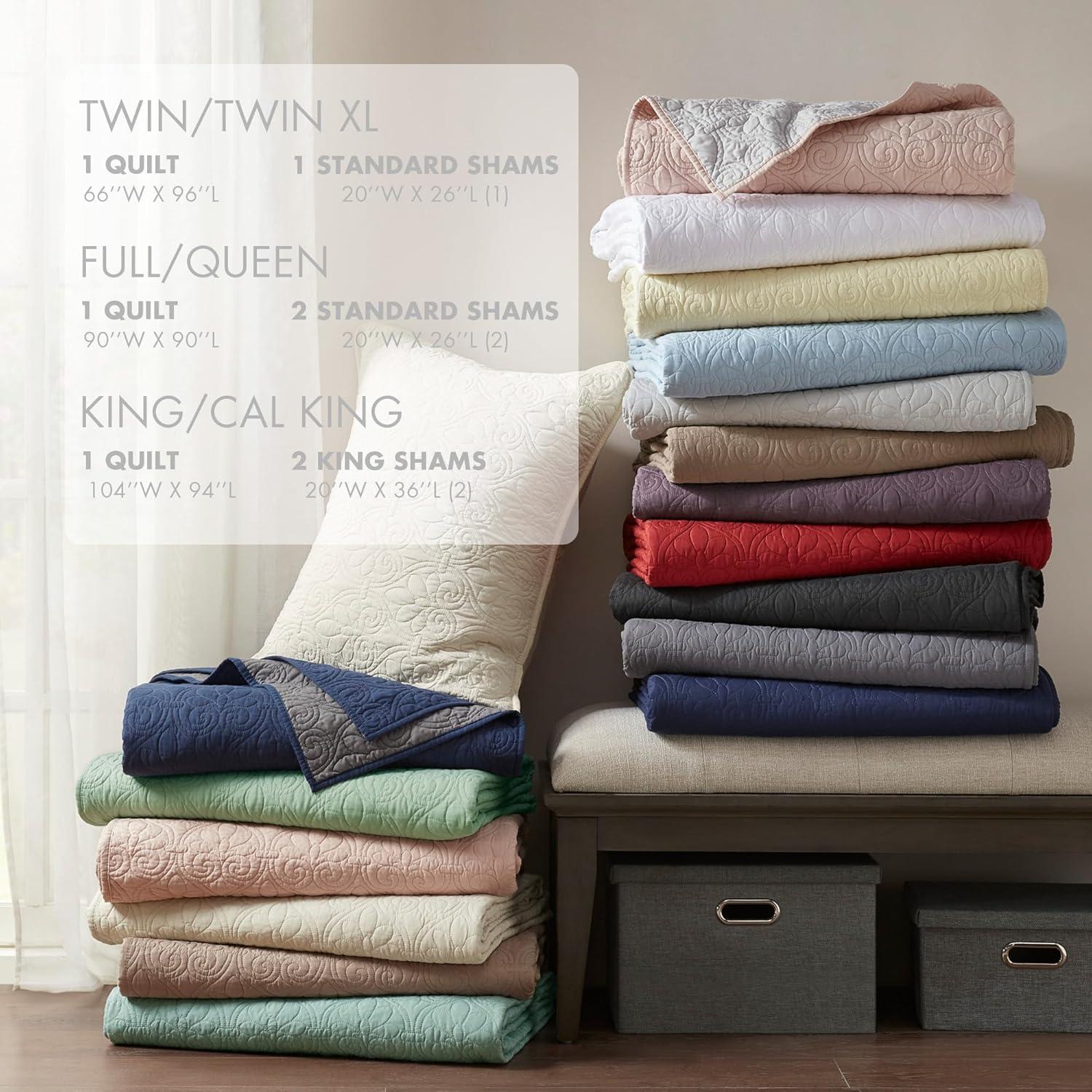 imageMadison Park Quebec Quilt Set Luxurious Damask Stitching Design Cotton Filled Lightweight Coverlet Bedspread Bedding Shams FullQueen90quotx90quot Cream 3 PieceWhite