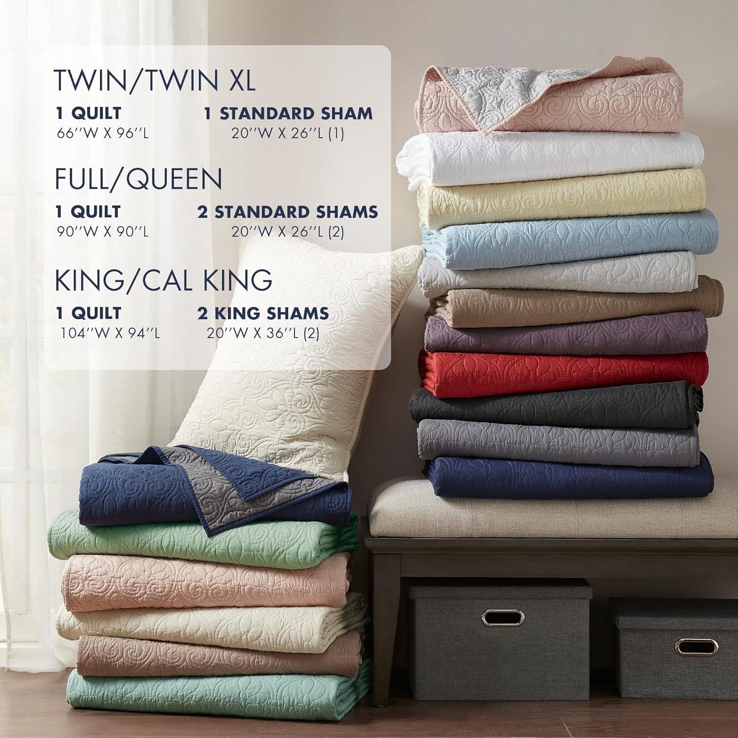 imageMadison Park Quebec Quilt Set Luxurious Damask Stitching Design Cotton Filled Lightweight Coverlet Bedspread Bedding Shams FullQueen90quotx90quot Cream 3 PieceNavy