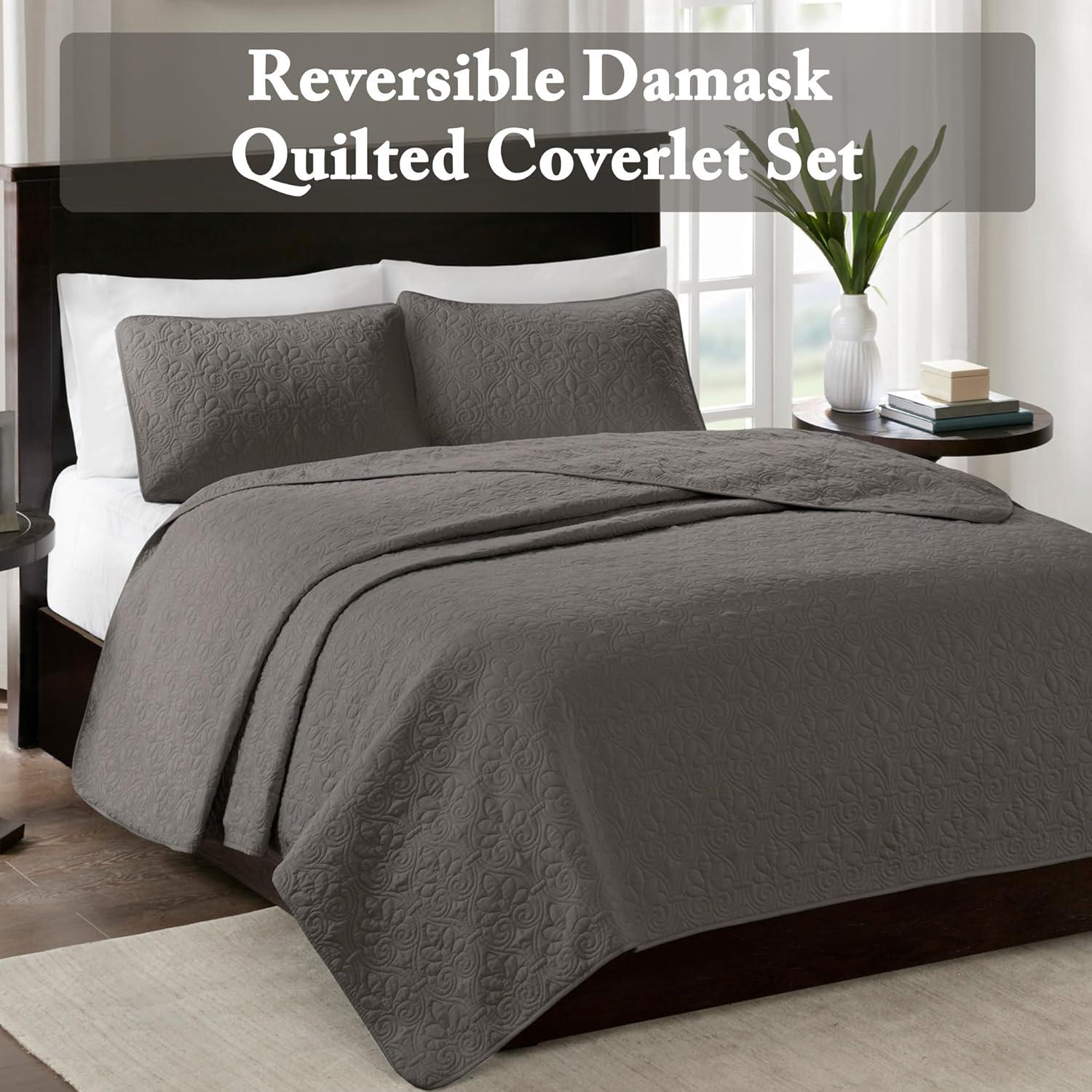 imageMadison Park Quebec Quilt Set Luxurious Damask Stitching Design Cotton Filled Lightweight Coverlet Bedspread Bedding Shams FullQueen90quotx90quot Cream 3 PieceDark Grey