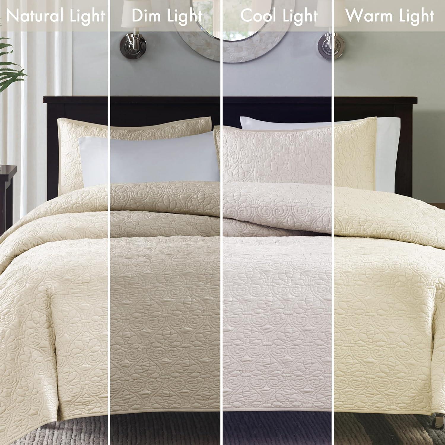 imageMadison Park Quebec Quilt Set Luxurious Damask Stitching Design Cotton Filled Lightweight Coverlet Bedspread Bedding Shams FullQueen90quotx90quot Cream 3 PieceCream