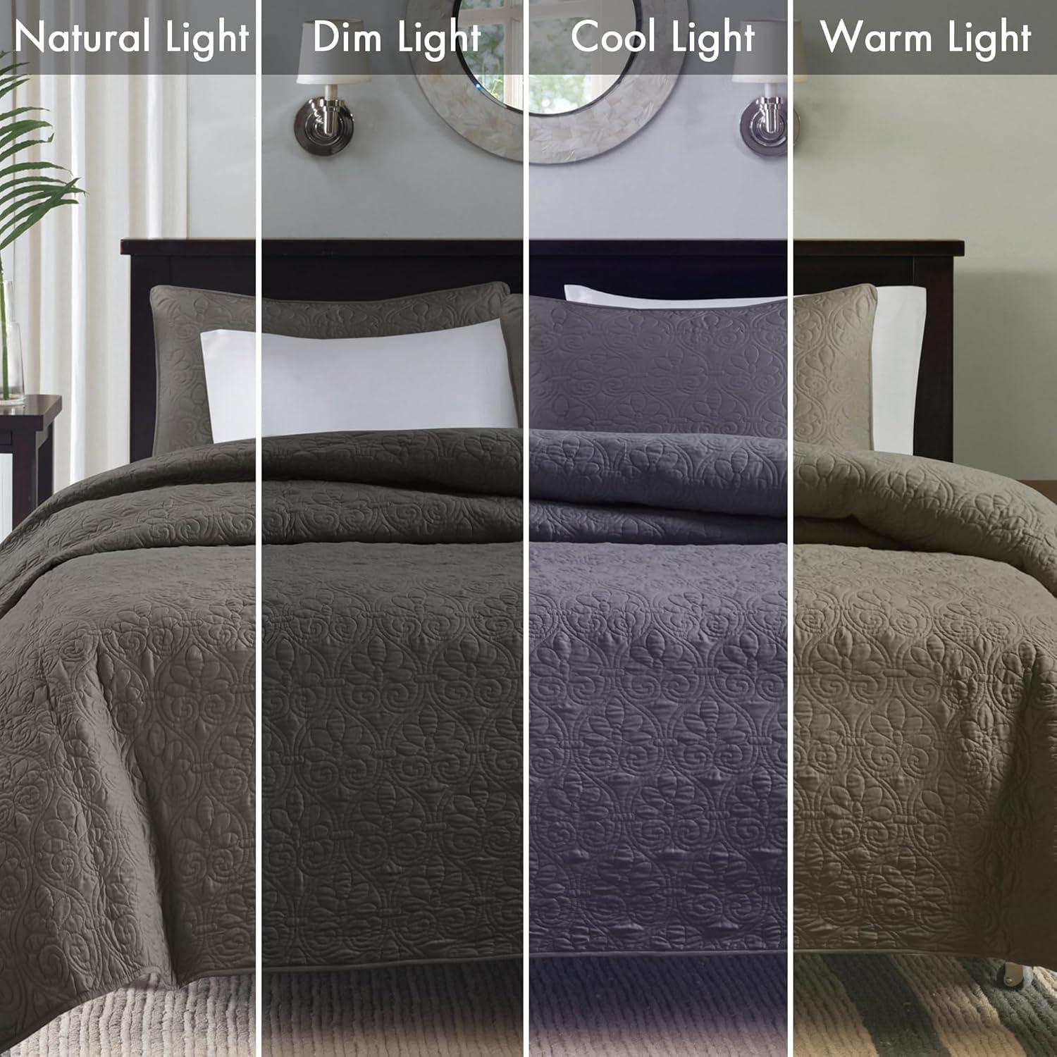 imageMadison Park Quebec Quilt Set Luxurious Damask Stitching Design Cotton Filled Lightweight Coverlet Bedspread Bedding Shams FullQueen90quotx90quot Cream 3 PieceDark Grey