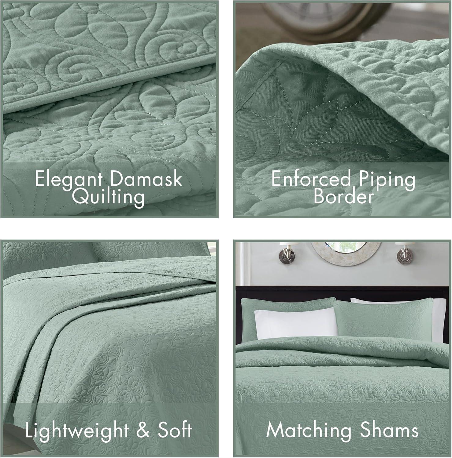 imageMadison Park Quebec Quilt Set Luxurious Damask Stitching Design Cotton Filled Lightweight Coverlet Bedspread Bedding Shams FullQueen90quotx90quot Cream 3 PieceSeafoam