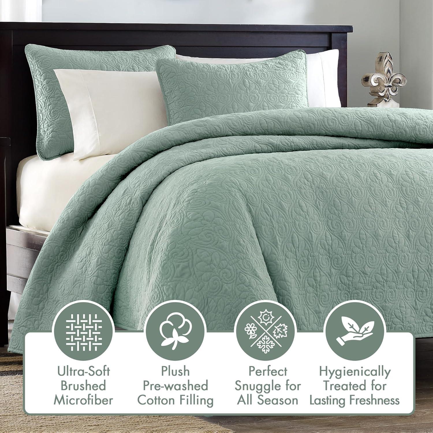 imageMadison Park Quebec Quilt Set Luxurious Damask Stitching Design Cotton Filled Lightweight Coverlet Bedspread Bedding Shams FullQueen90quotx90quot Cream 3 PieceSeafoam
