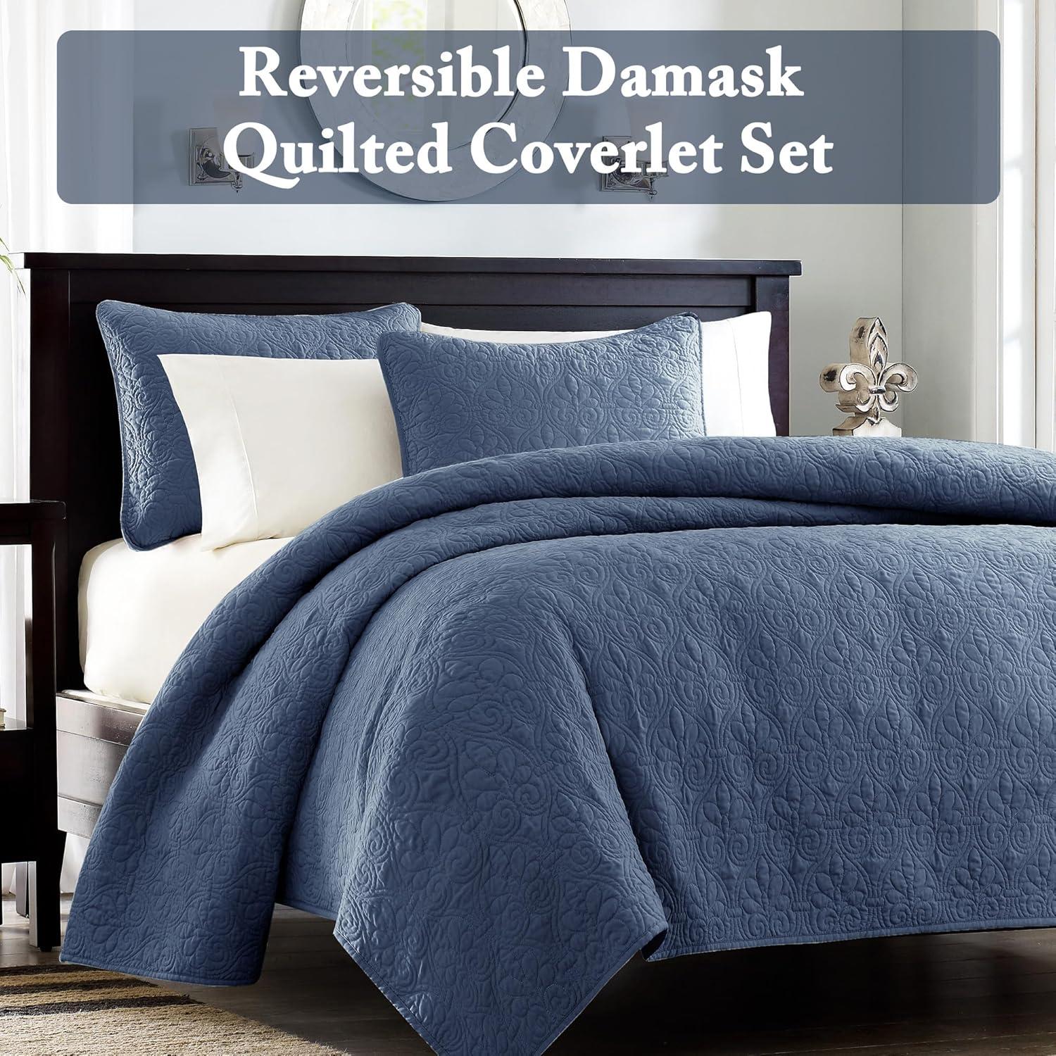 imageMadison Park Quebec Quilt Set Luxurious Damask Stitching Design Cotton Filled Lightweight Coverlet Bedspread Bedding Shams FullQueen90quotx90quot Cream 3 PieceNavy