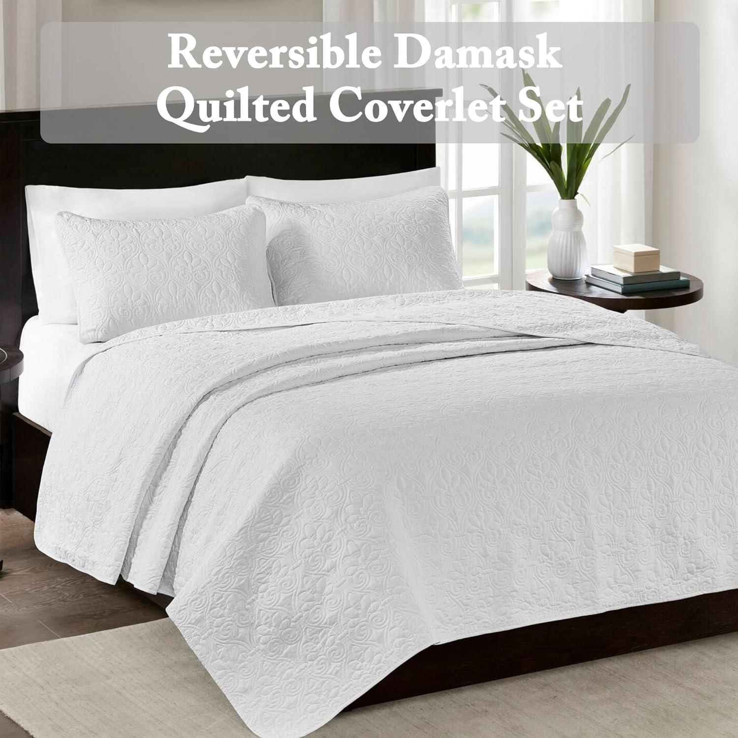 imageMadison Park Quebec Quilt Set Luxurious Damask Stitching Design Cotton Filled Lightweight Coverlet Bedspread Bedding Shams FullQueen90quotx90quot Cream 3 PieceWhite
