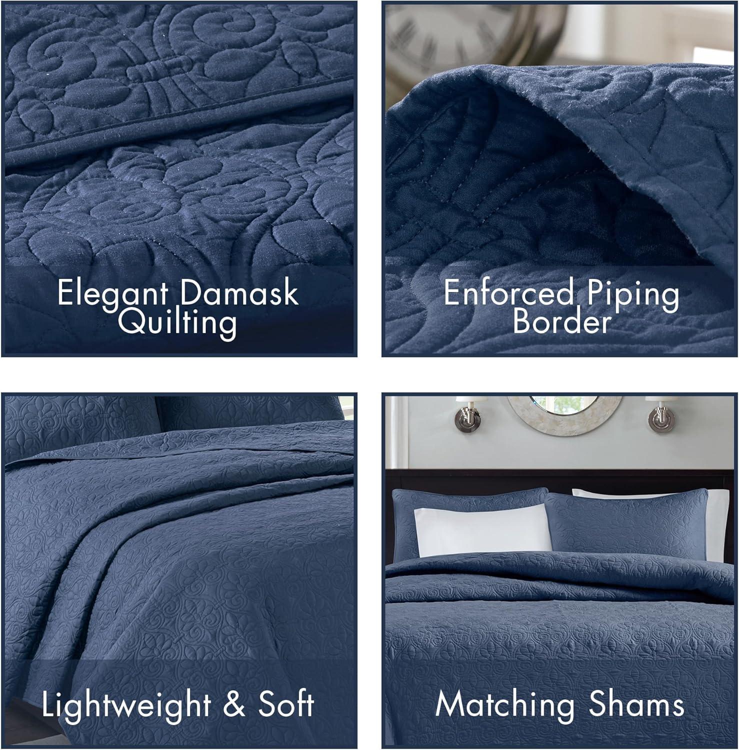imageMadison Park Quebec Quilt Set Luxurious Damask Stitching Design Cotton Filled Lightweight Coverlet Bedspread Bedding Shams FullQueen90quotx90quot Cream 3 PieceNavy