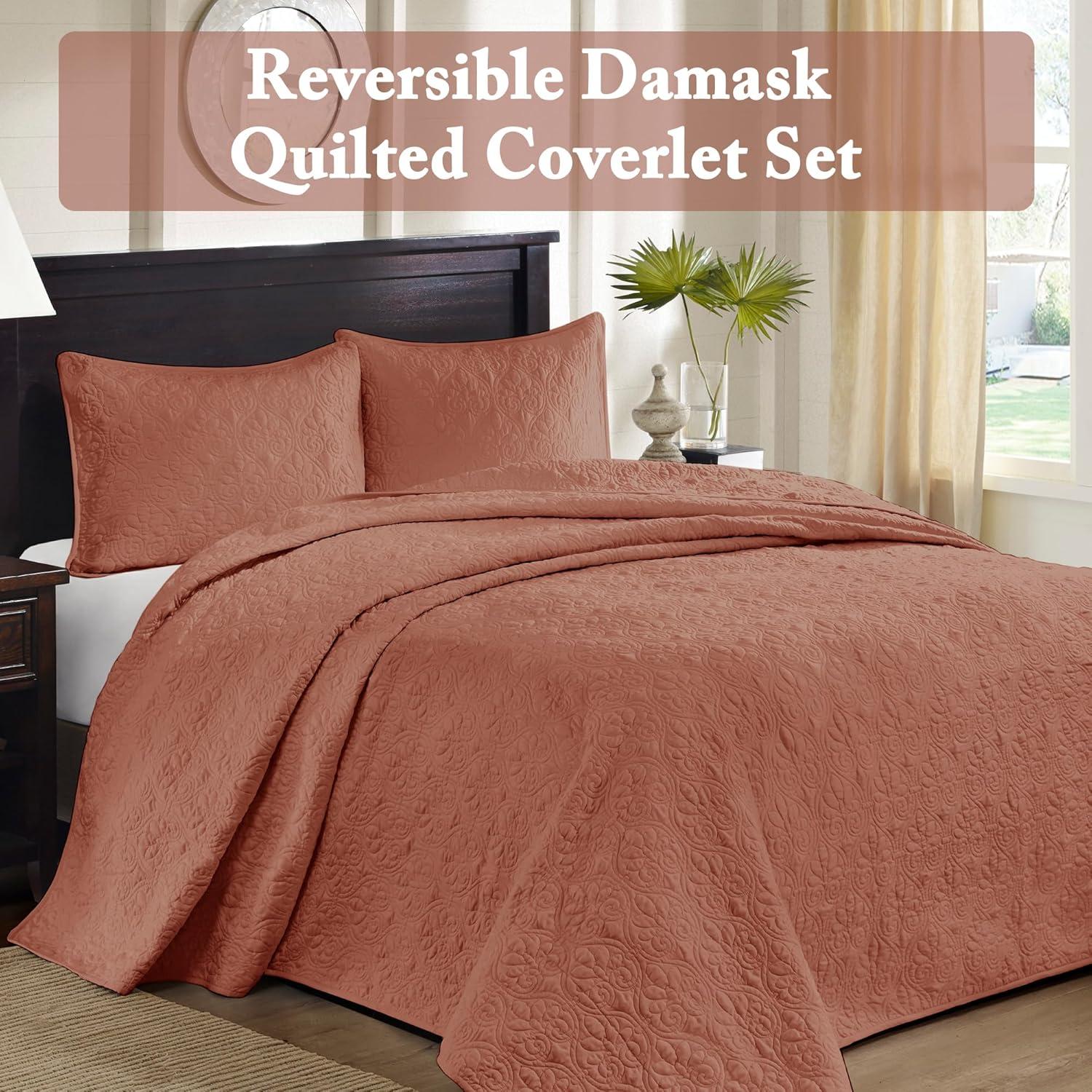imageMadison Park Quebec Quilt Set Luxurious Damask Stitching Design Cotton Filled Lightweight Coverlet Bedspread Bedding Shams FullQueen90quotx90quot Cream 3 PieceClay Red
