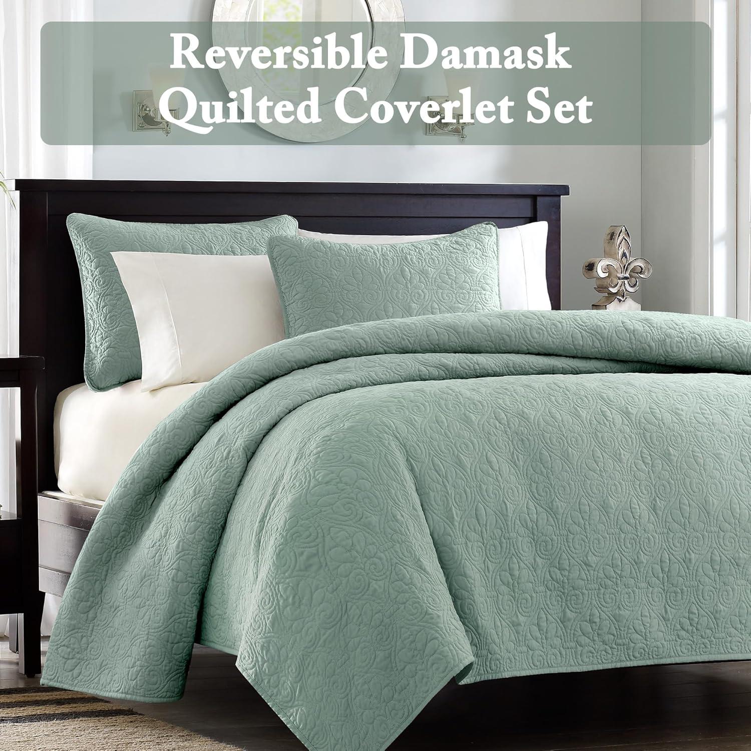 imageMadison Park Quebec Quilt Set Luxurious Damask Stitching Design Cotton Filled Lightweight Coverlet Bedspread Bedding Shams FullQueen90quotx90quot Cream 3 PieceSeafoam