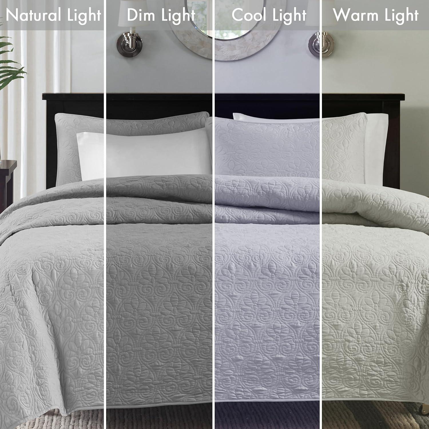 imageMadison Park Quebec Quilt Set Luxurious Damask Stitching Design Cotton Filled Lightweight Coverlet Bedspread Bedding Shams FullQueen90quotx90quot Cream 3 PieceGrey