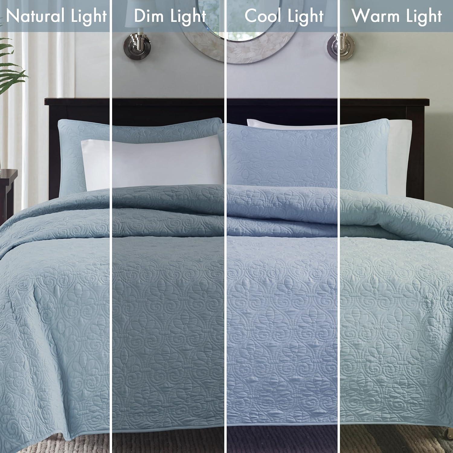 imageMadison Park Quebec Quilt Set Luxurious Damask Stitching Design Cotton Filled Lightweight Coverlet Bedspread Bedding Shams FullQueen90quotx90quot Cream 3 PieceBlue