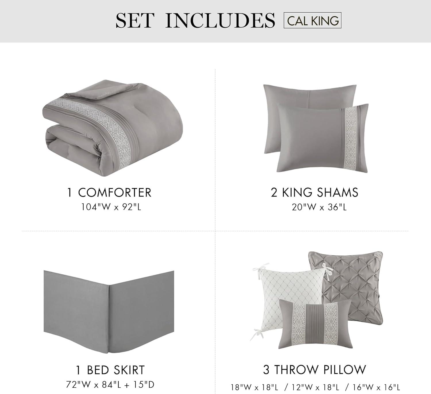 imageMadison Park Queen Comforter Set Farmhouse Queen Comforter Lace ampamp Pintuck Design Down Alternative All Season Bedding Set Bed Skirt Shams ampamp Decor Pillows Lacey Queen Grey 7 PieceGrey