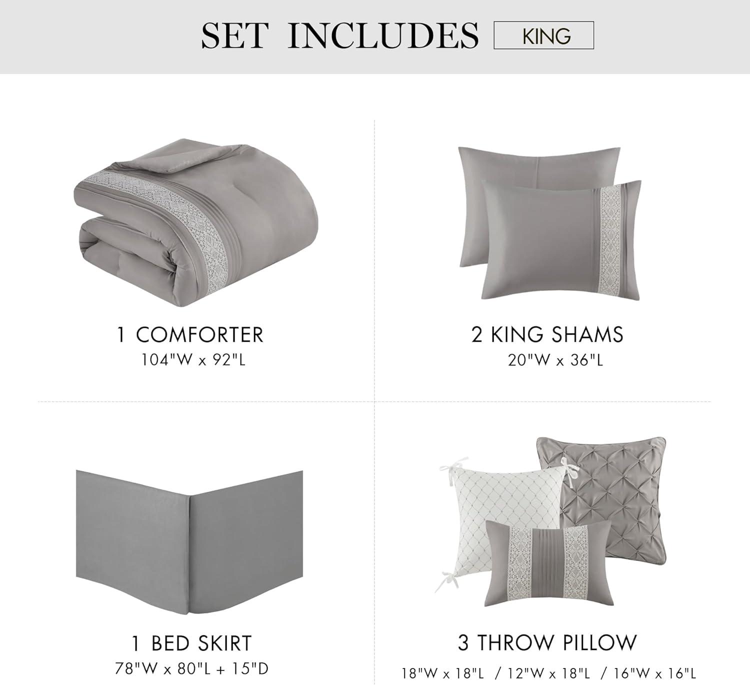 imageMadison Park Queen Comforter Set Farmhouse Queen Comforter Lace ampamp Pintuck Design Down Alternative All Season Bedding Set Bed Skirt Shams ampamp Decor Pillows Lacey Queen Grey 7 PieceGrey