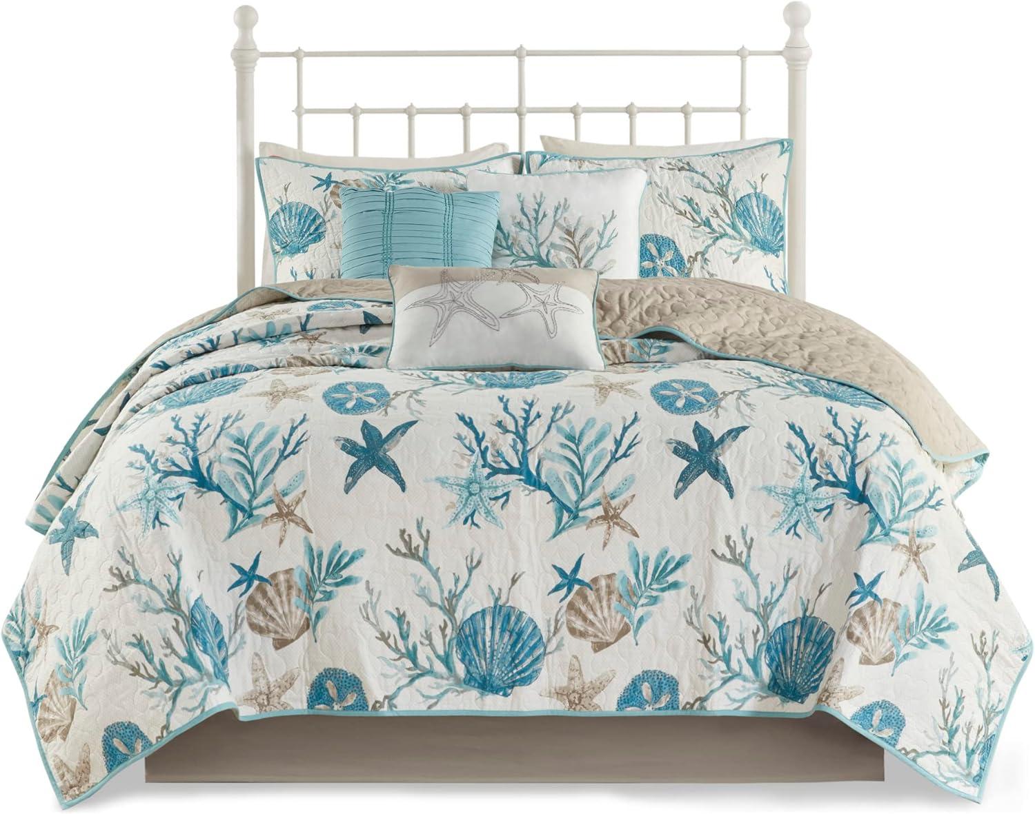 imageMadison Park Quilt Set Cottage Coastal Design Starfish Print All Season Coverlet Bedspread Lightweight Bedding Layer Shams Toss Pillows FullQueen90quotx90quot Bayside BlueIvory 6 PieceAqua Multi
