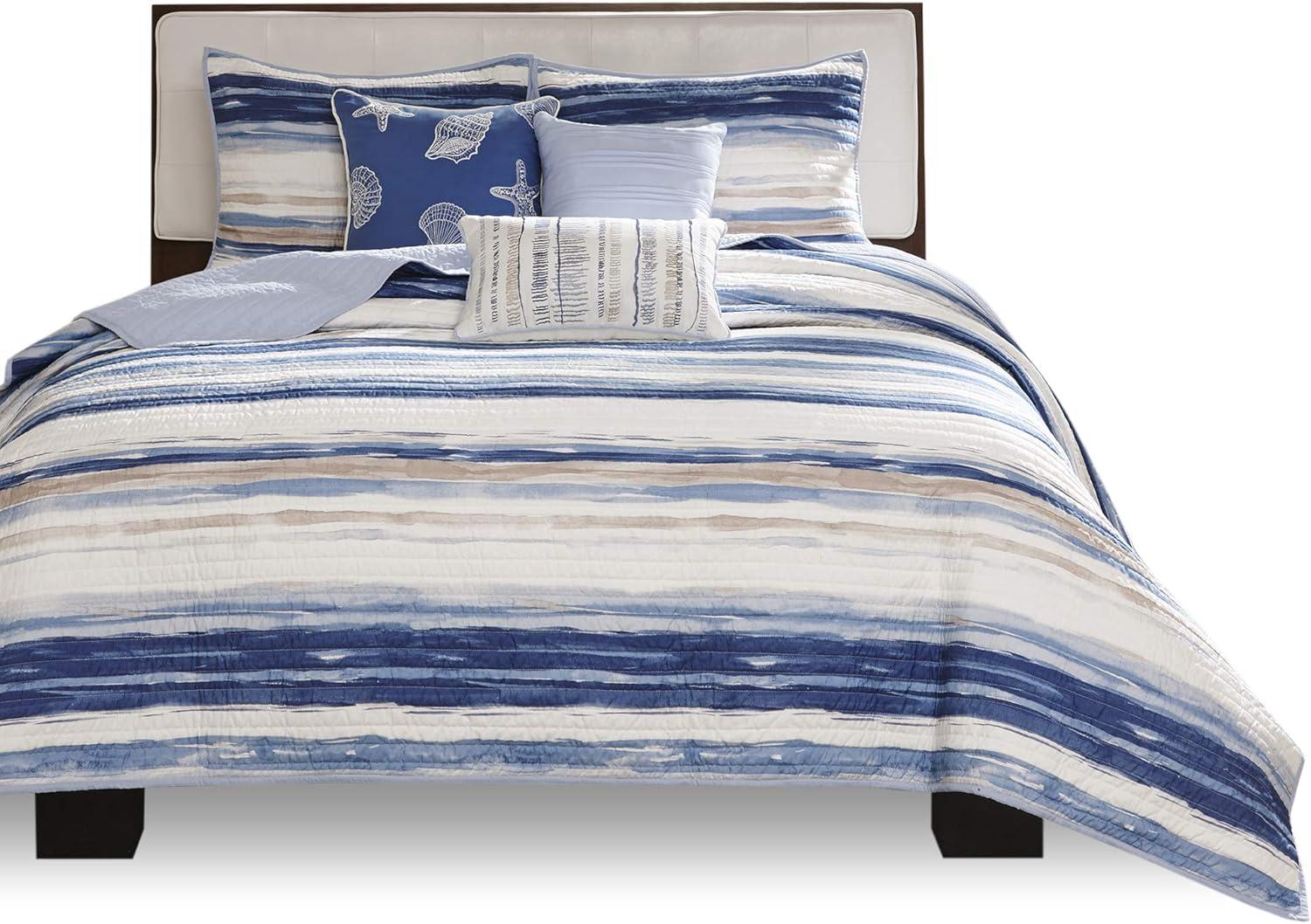 imageMadison Park Quilt Set Cottage Coastal Design Starfish Print All Season Coverlet Bedspread Lightweight Bedding Layer Shams Toss Pillows FullQueen90quotx90quot Bayside BlueIvory 6 PieceBlueWhite