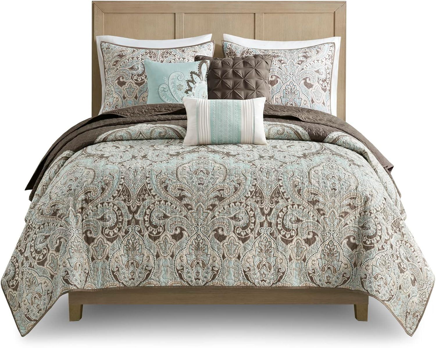 imageMadison Park Quilt Traditional Damask Design All Season Lightweight Coverlet Bedspread Bedding Set Matching Shams Pillows FullQueen90quotx90quot NavyWhite 6 PieceBrownBlue