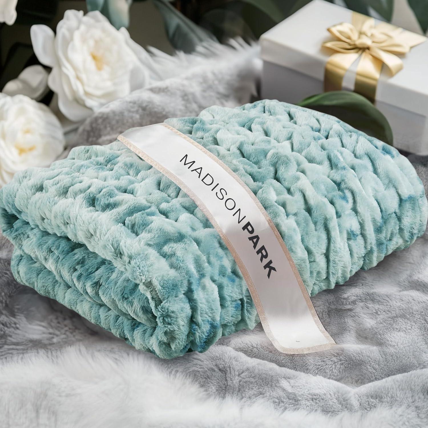 imageMadison Park Ruched Fur Luxury Throw Premium Soft Cozy Brushed Long Faux Fur For Bed Couch or Sofa 50x60quot IvoryBlue Tie Dye