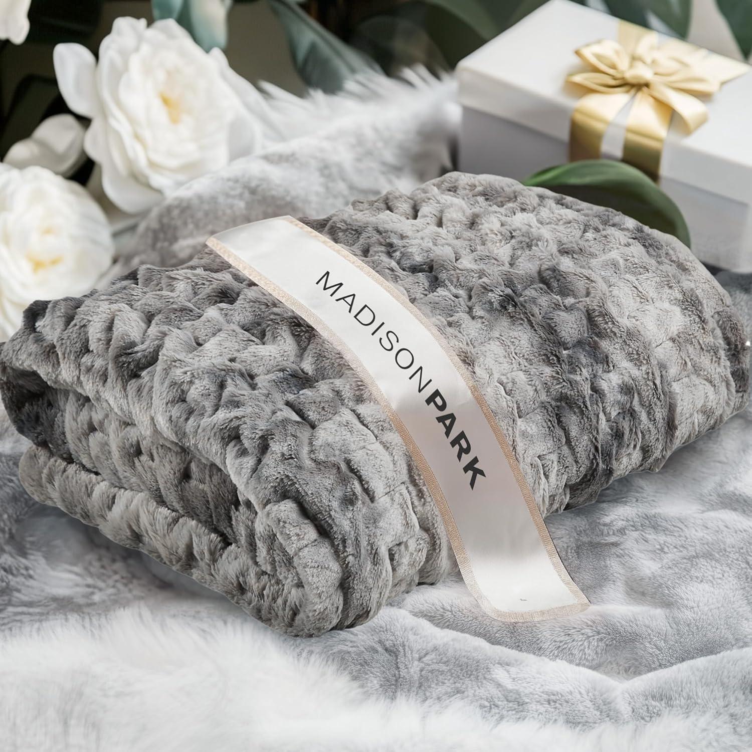 imageMadison Park Ruched Fur Luxury Throw Premium Soft Cozy Brushed Long Faux Fur For Bed Couch or Sofa 50x60quot IvoryGray Tie Dye